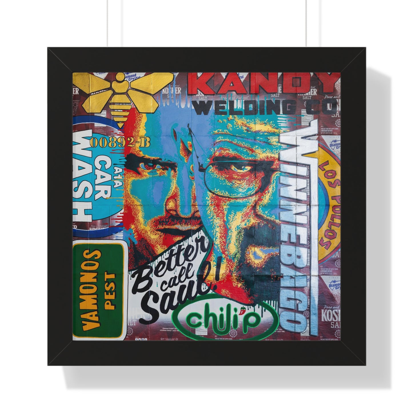 A framed poster featuring a colorful, stylized depiction of Walter White and Jesse Pinkman.