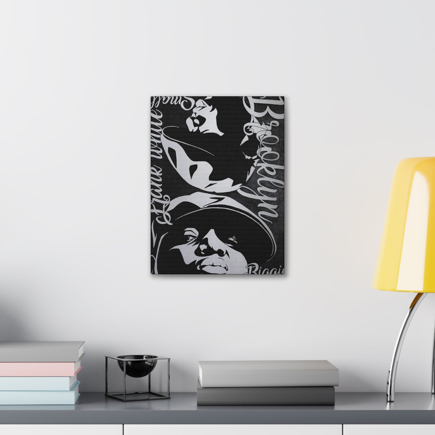 A black and white canvas print featuring Biggie Smalls and text.