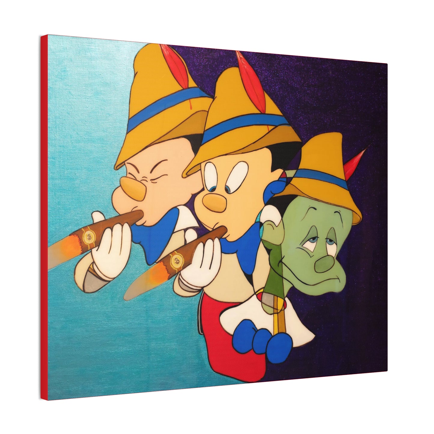 Three Pinocchio characters, two smoking cigars, are depicted on a canvas gallery wrap.
