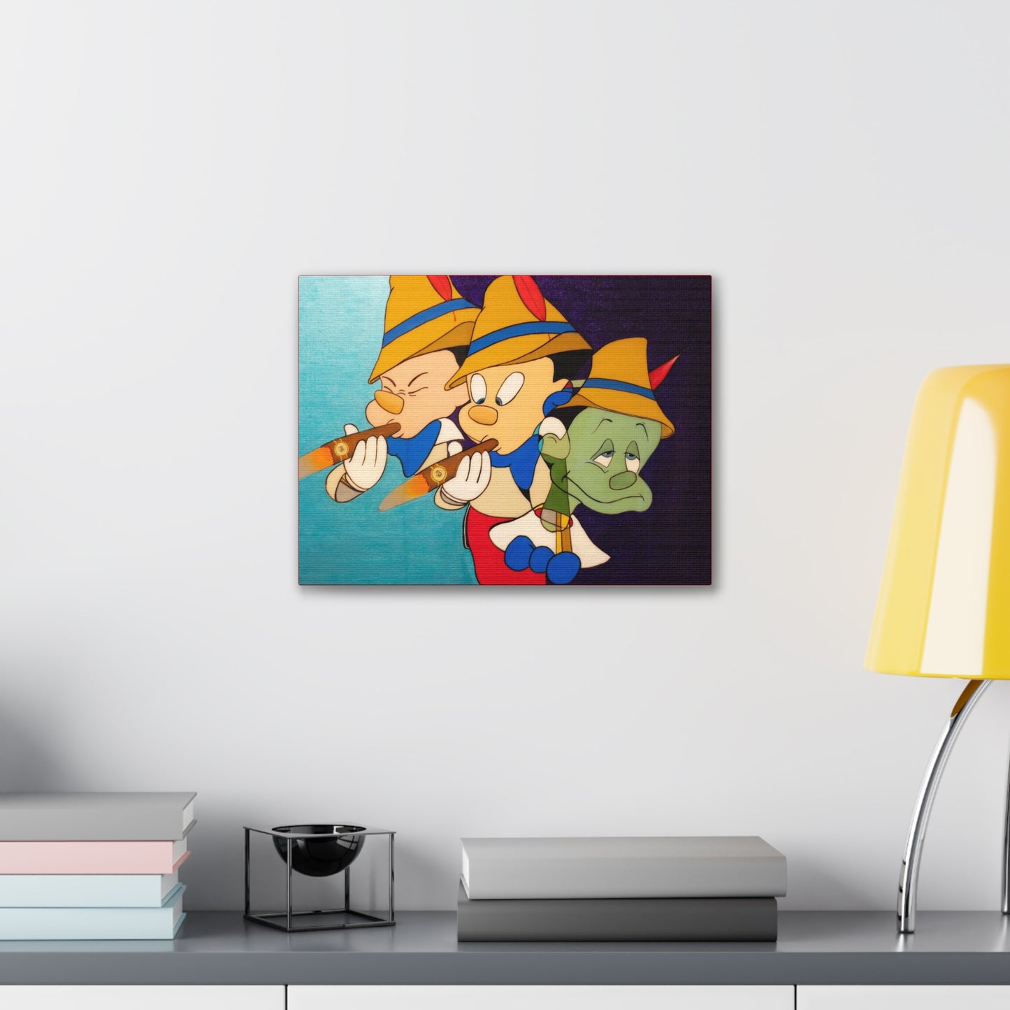 Pinocchio canvas gallery wrap featuring three characters, two smoking cigars.