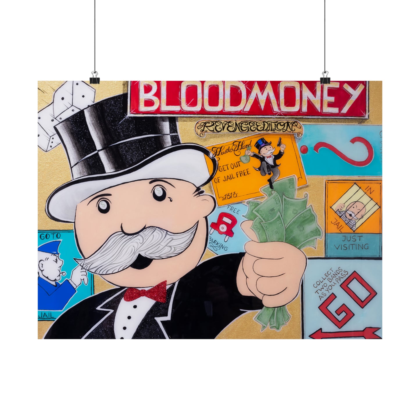 A Monopoly-themed poster features Mr. Monopoly holding cash, with "BLOODMONEY" at the top.