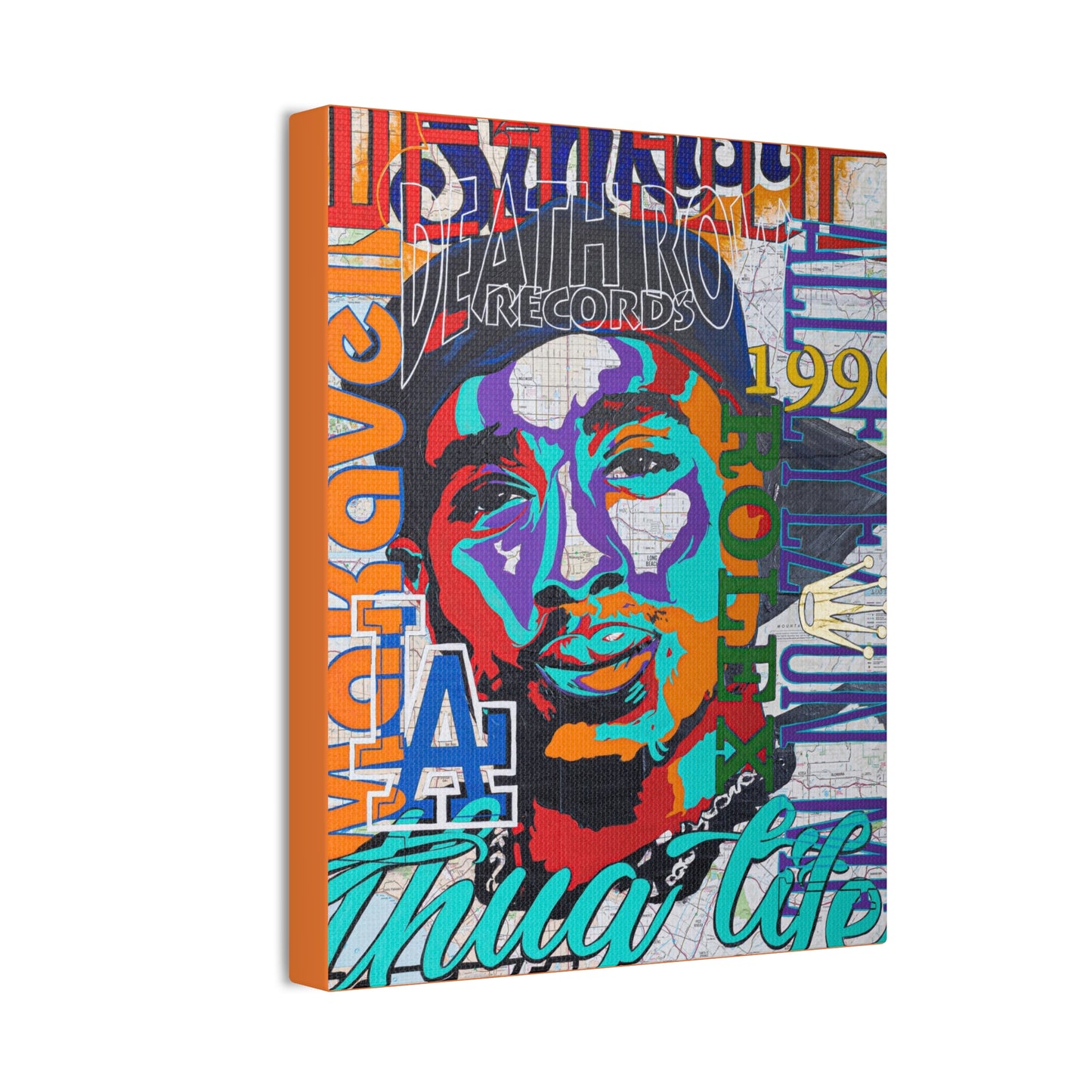 A colorful canvas gallery wrap features a pop art style portrait of Tupac Shakur.