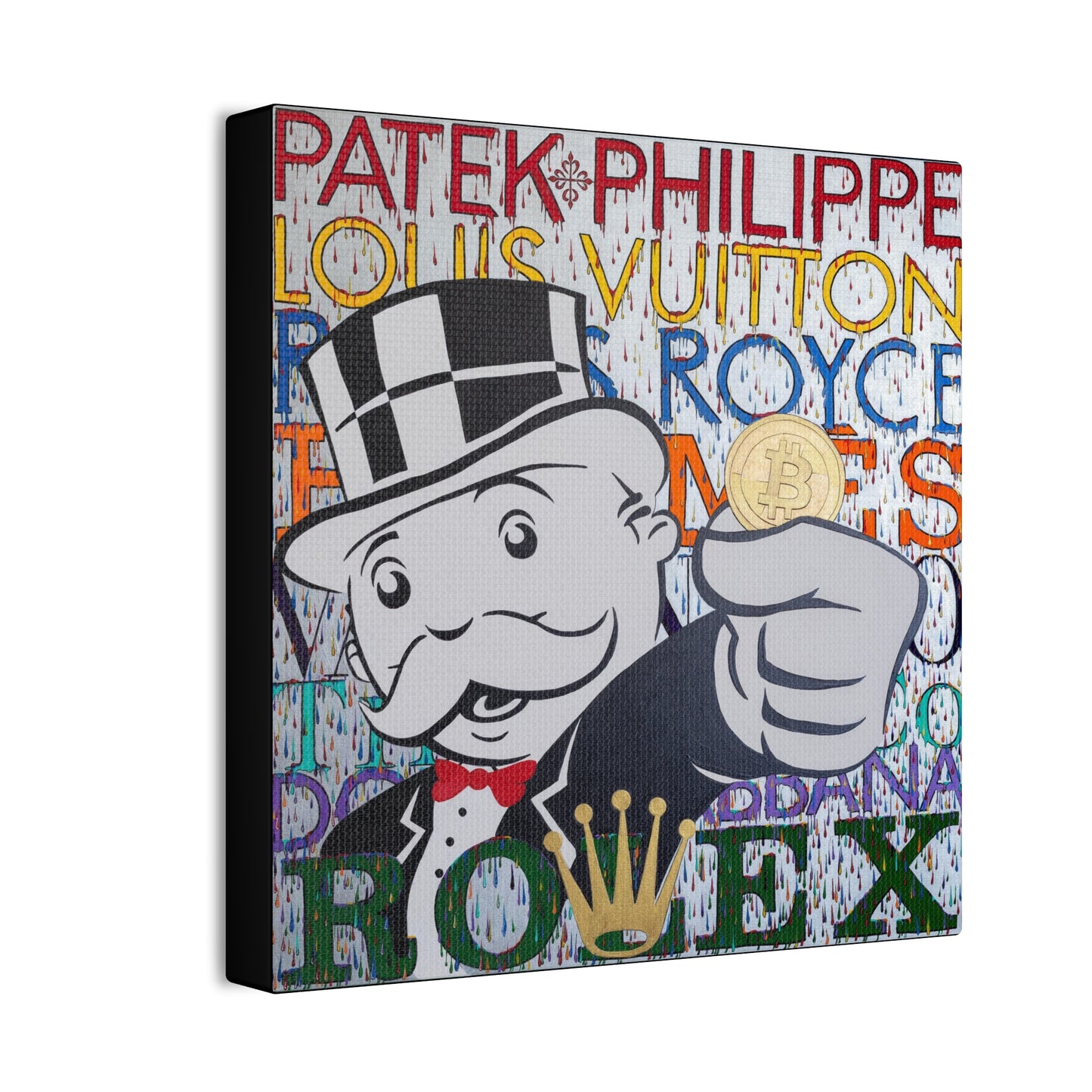 A canvas print features a Monopoly man holding a Bitcoin, surrounded by luxury brand names.