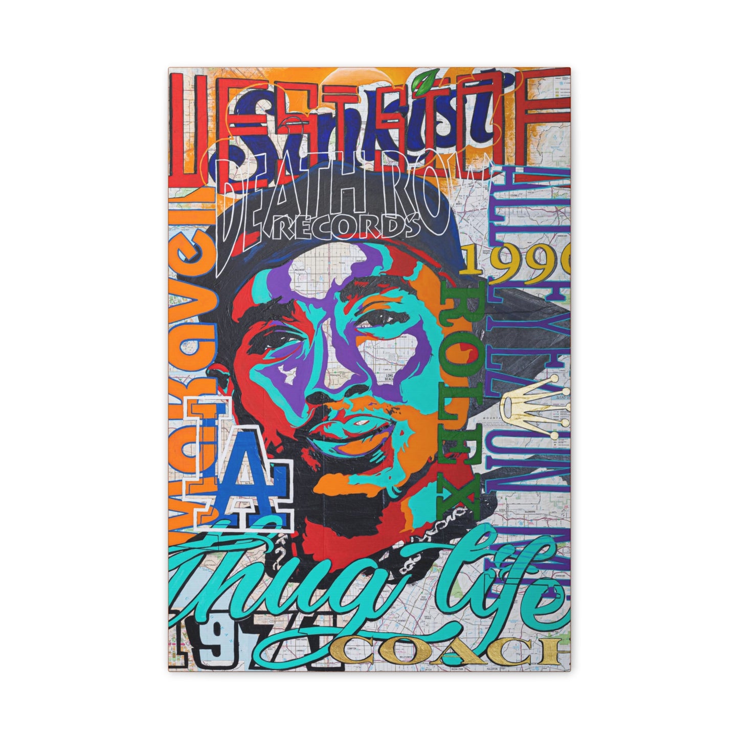 A colorful canvas print features a stylized portrait of Tupac Shakur over a map.