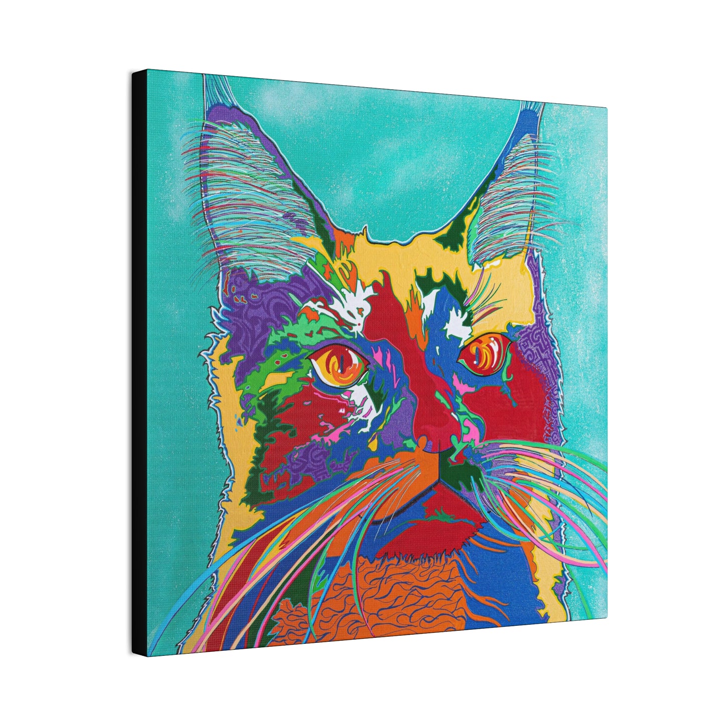 A vibrant, pop art style canvas print of a cat's face with bright, contrasting colors.