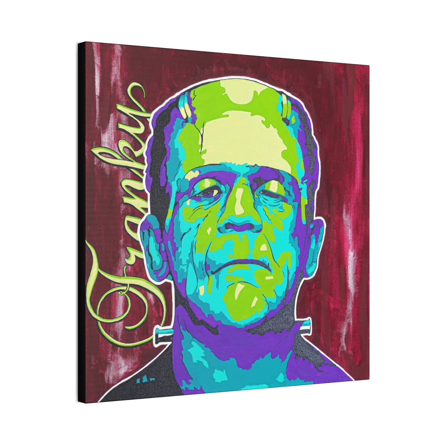 A colorful pop art style canvas print of Frankenstein's monster with "Franky" written vertically.
