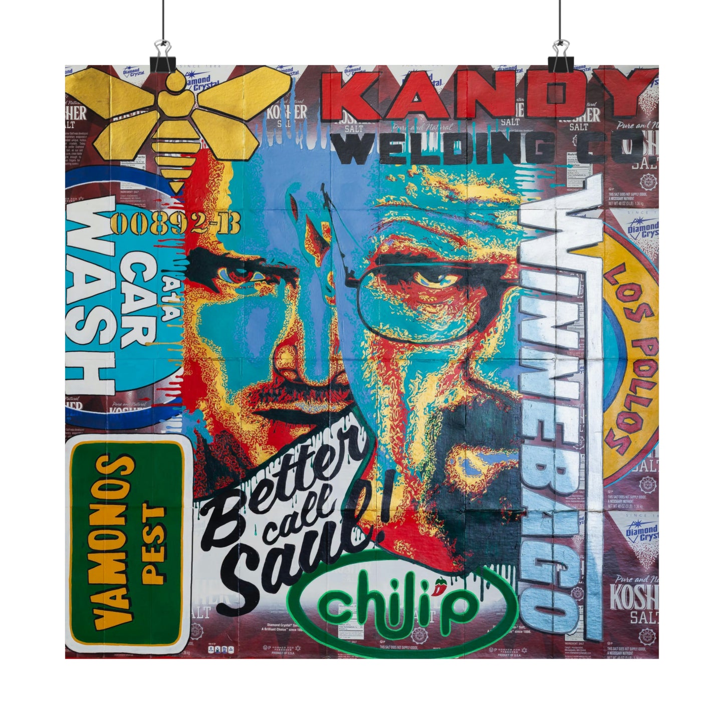 A colorful Breaking Bad poster features characters and show references.