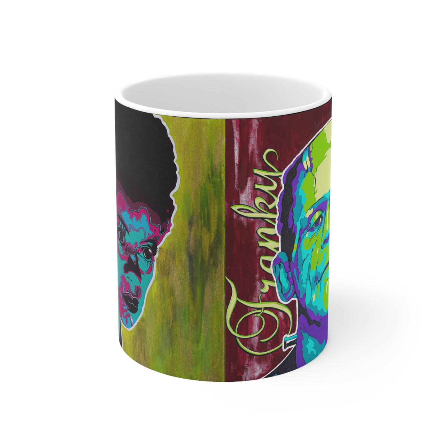 A white ceramic mug features colorful pop art portraits of two figures and the name "Franky."