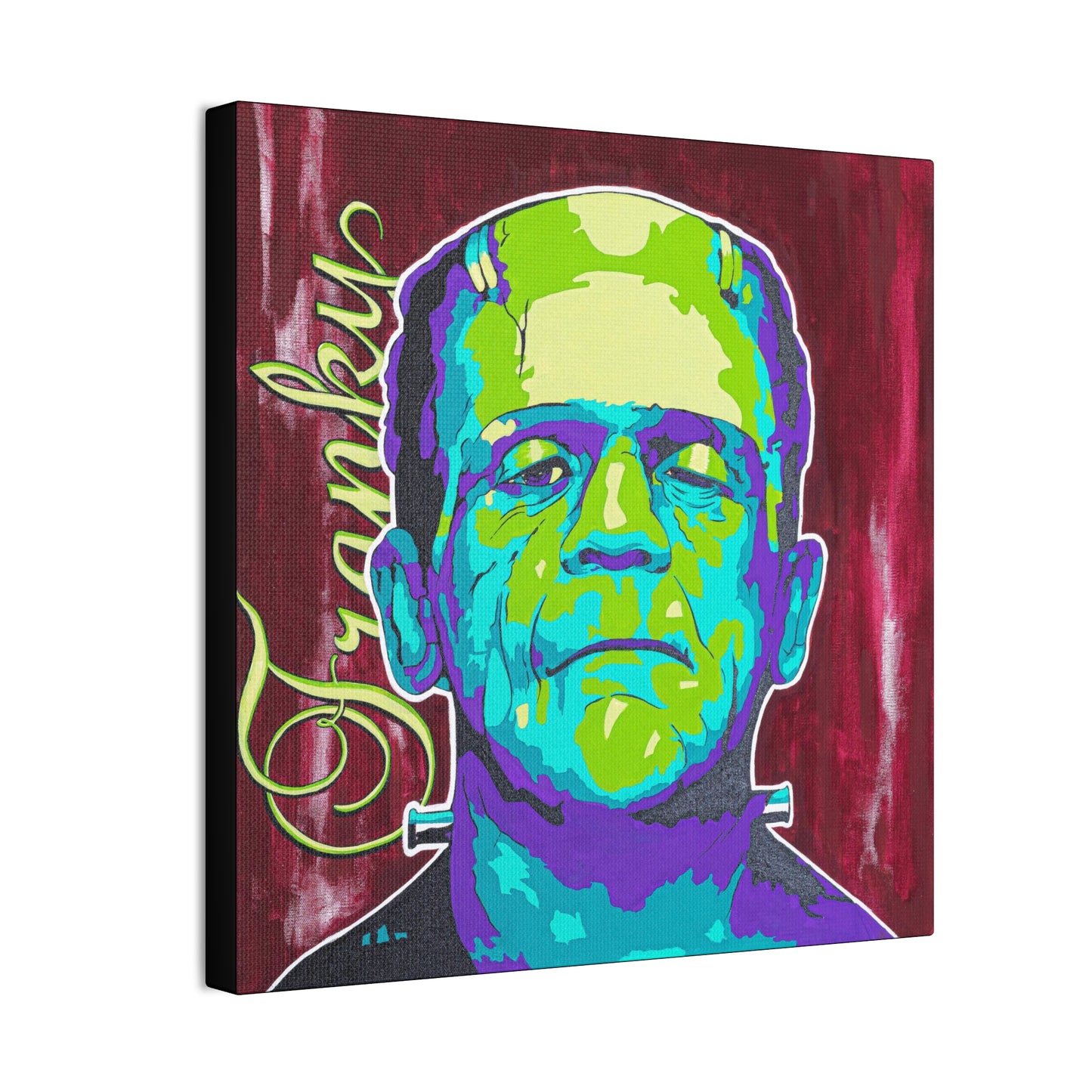 A vibrant, pop art style canvas print of Frankenstein's monster with "Franky" written vertically.