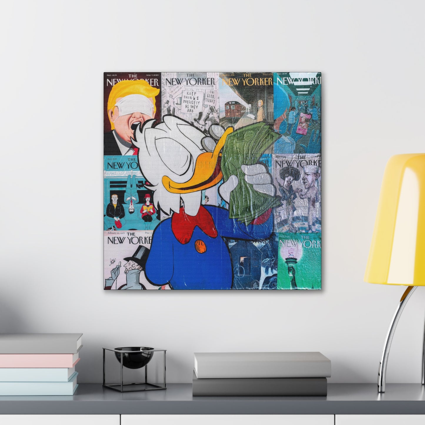 A canvas gallery wrap features Donald Duck holding money over a collage of New Yorker covers.