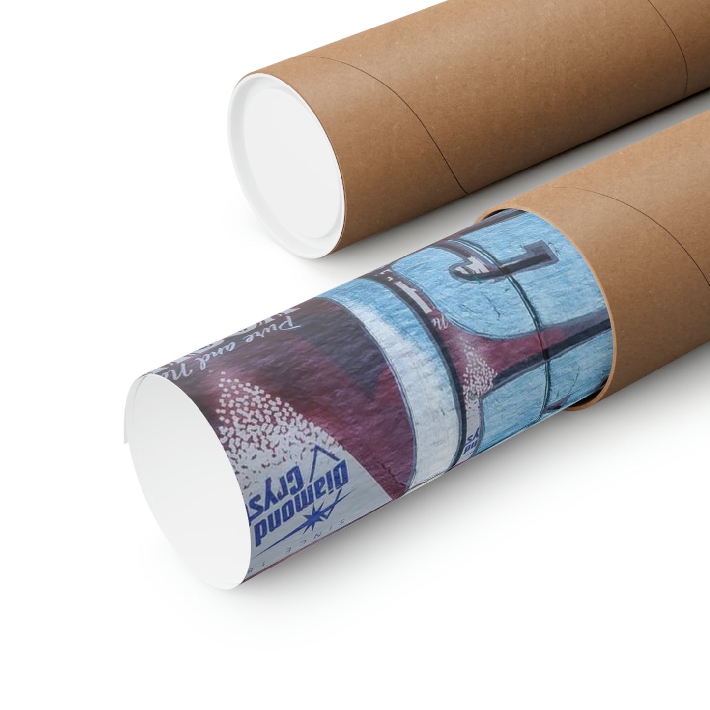 Two brown cardboard poster tubes, one open revealing a "Diamond Crys" poster.