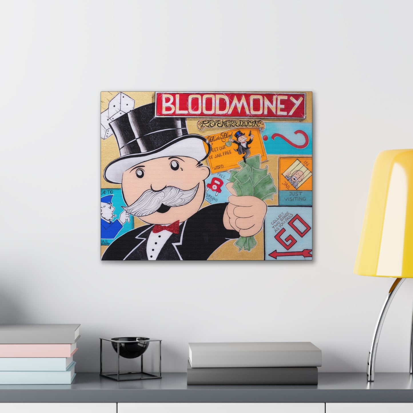A canvas gallery wrap featuring a Monopoly-inspired design with "BLOODMONEY" at the top.