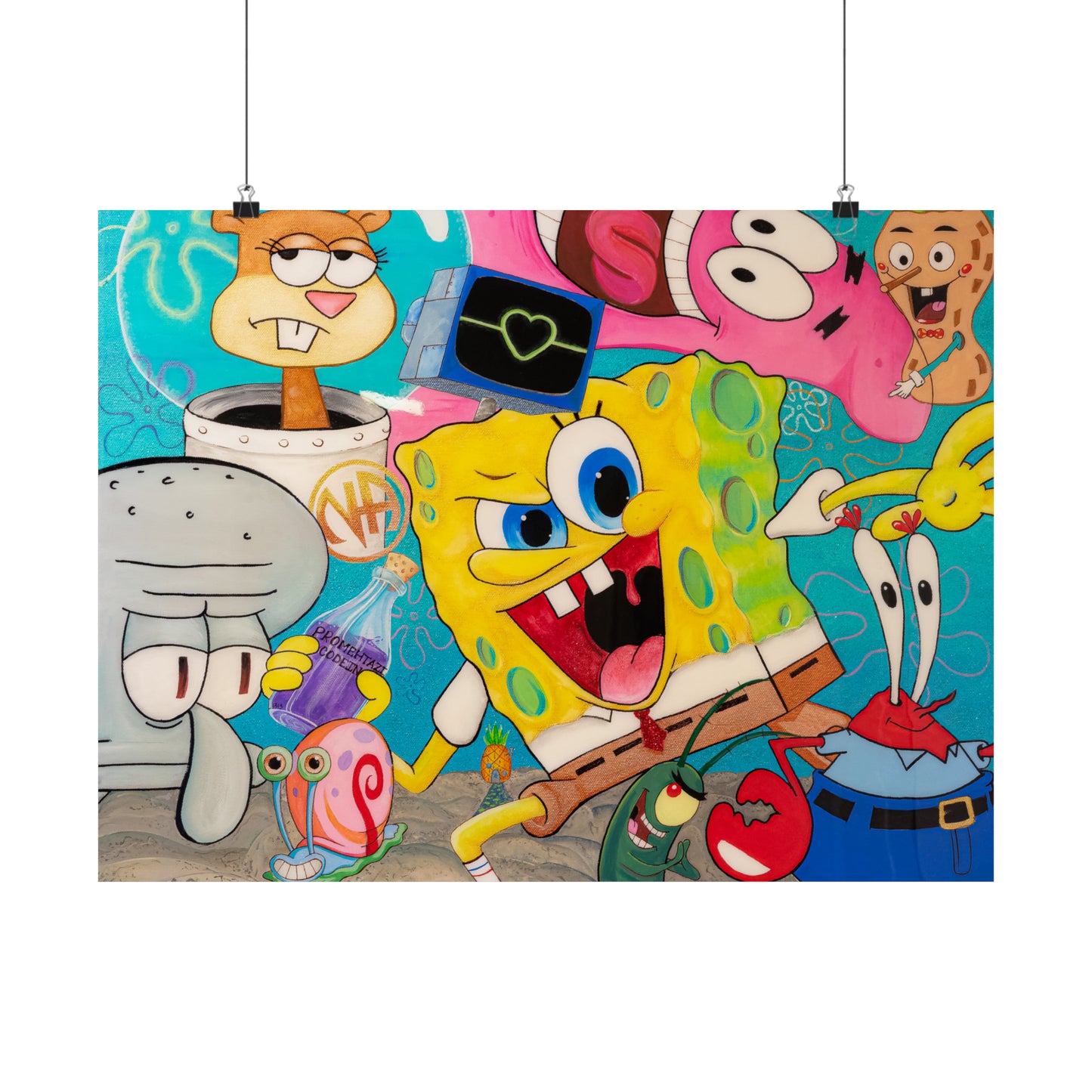 A vibrant poster features Spongebob characters in a surreal, party-like scene.