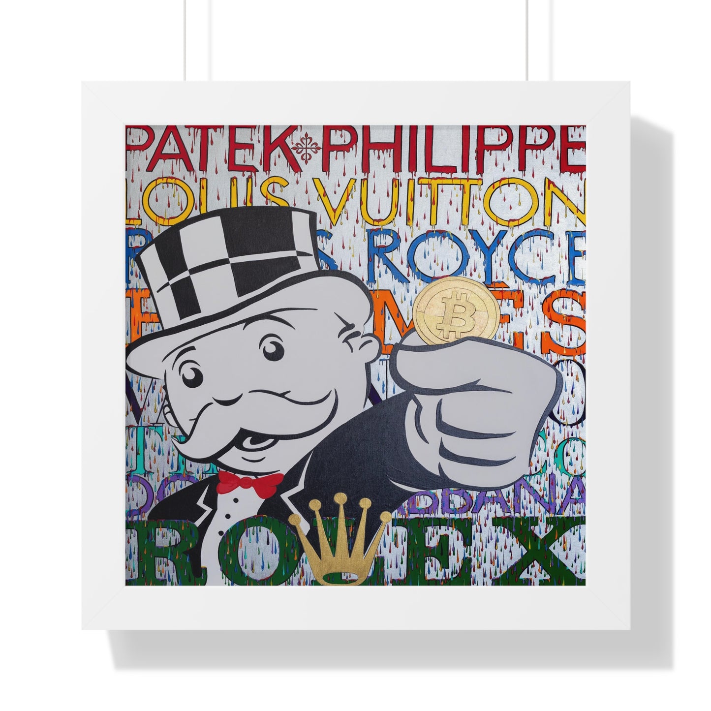 A framed poster features a Monopoly man holding a Bitcoin, with luxury brand names in the background.