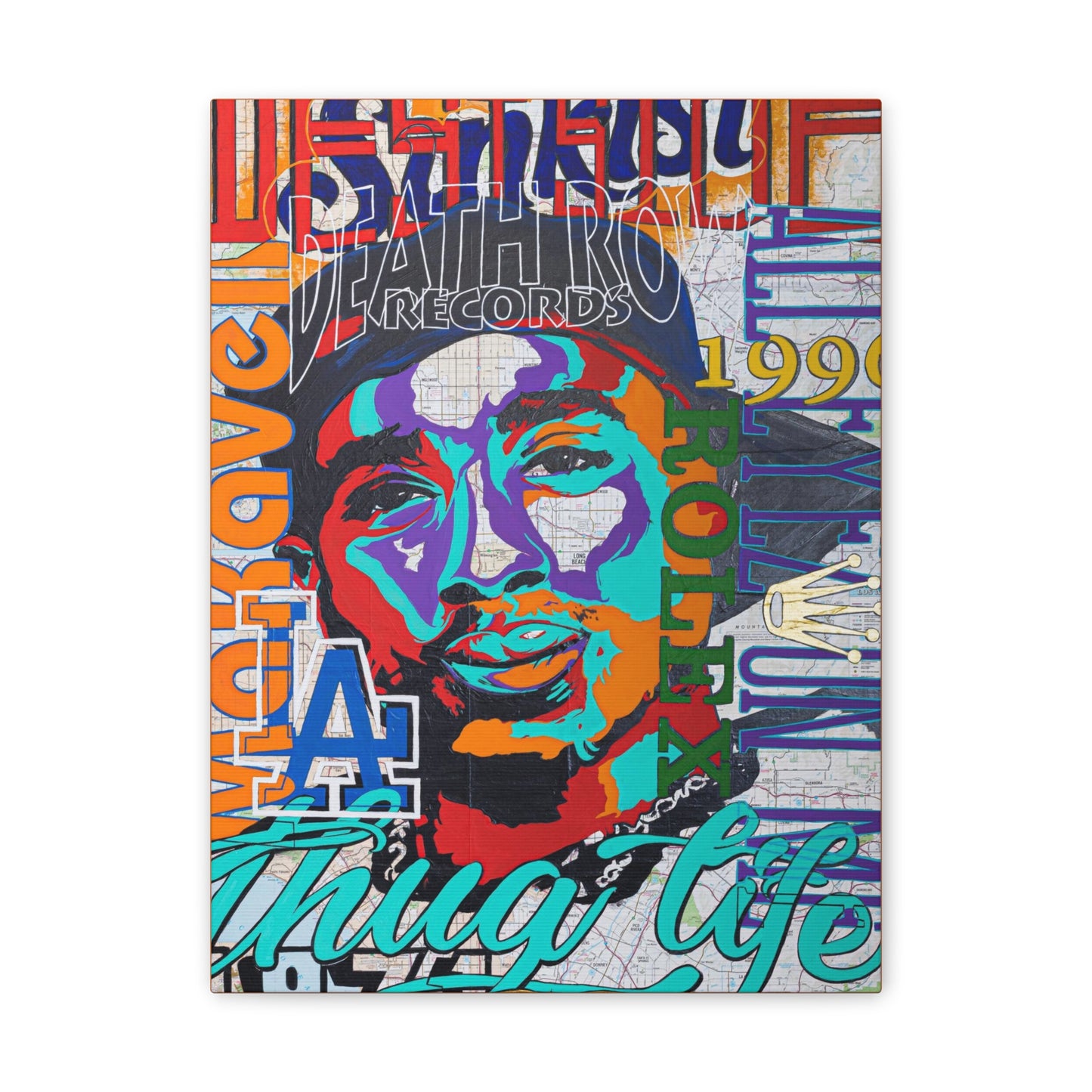 A colorful canvas print features a pop art style portrait of Tupac Shakur.