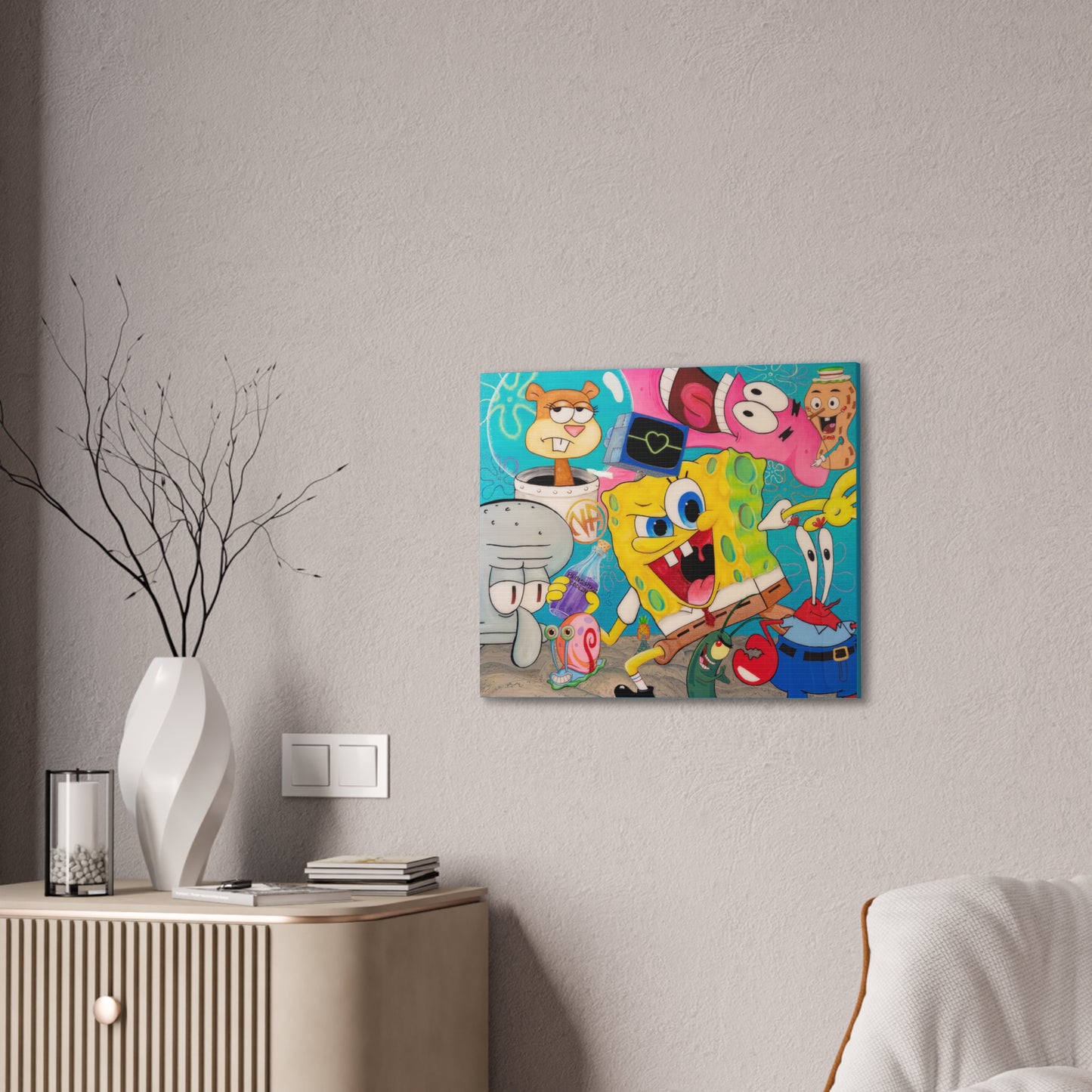A canvas gallery wrap featuring Spongebob characters in a vibrant, detailed print.