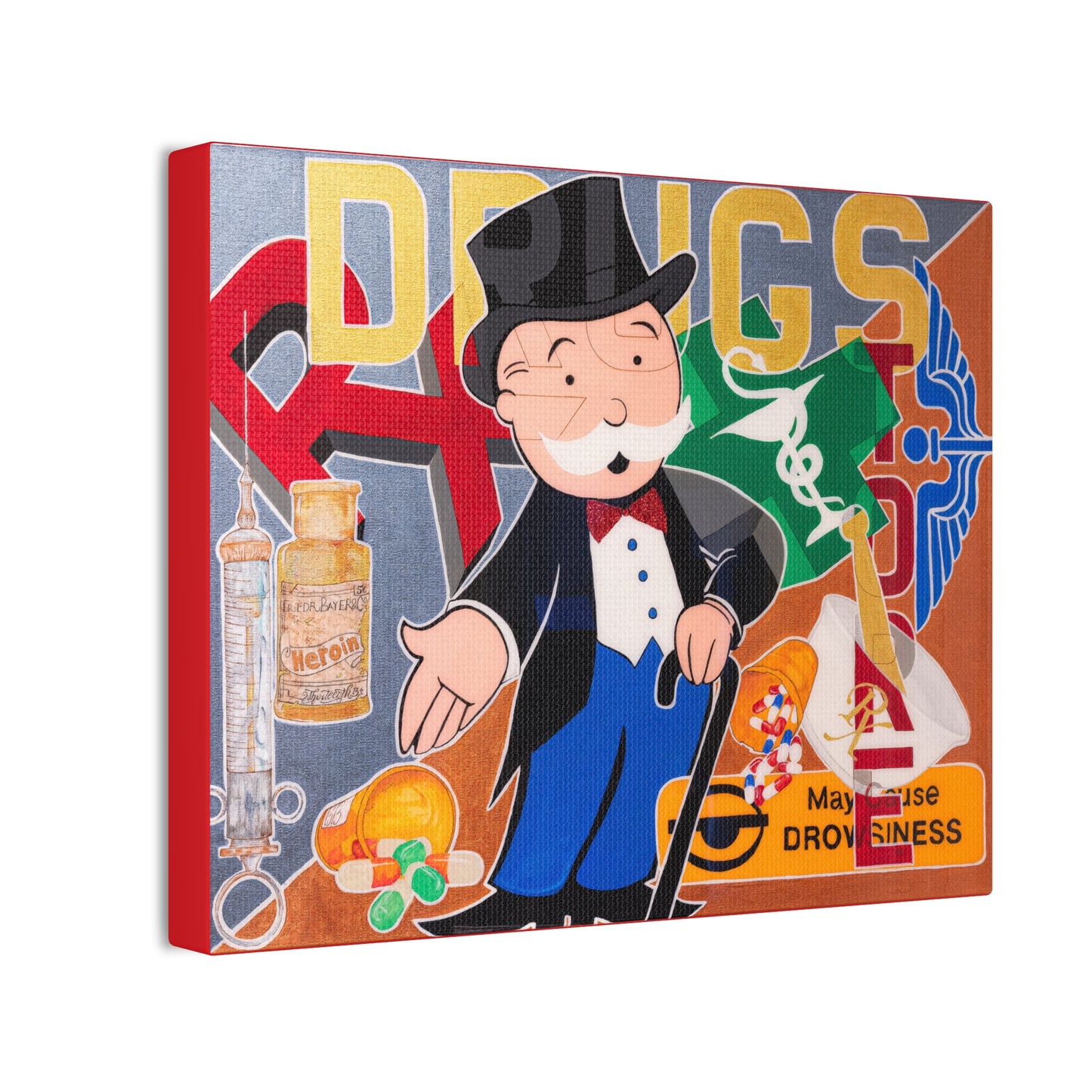A canvas print features a Monopoly man surrounded by drug-related imagery.