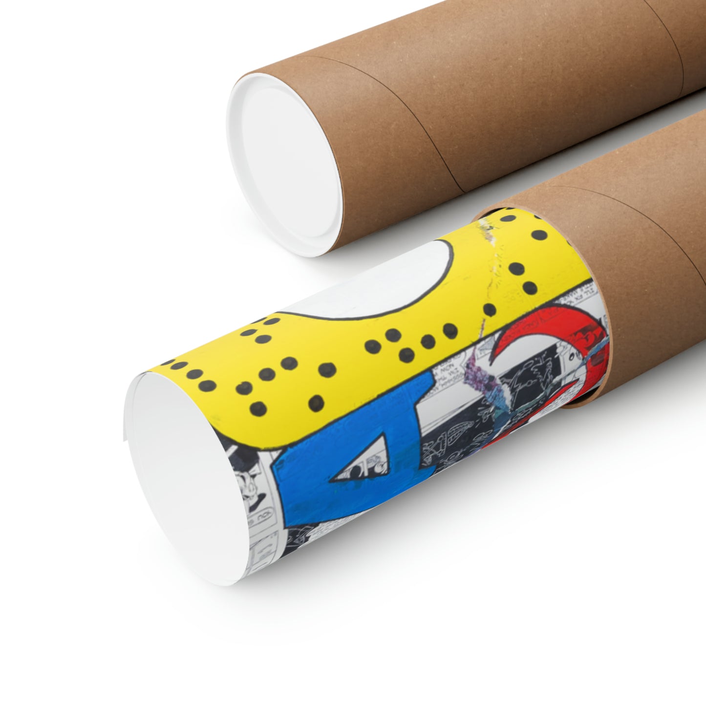 Two rolled matte posters, one with a yellow and blue design, are shown on a white background.