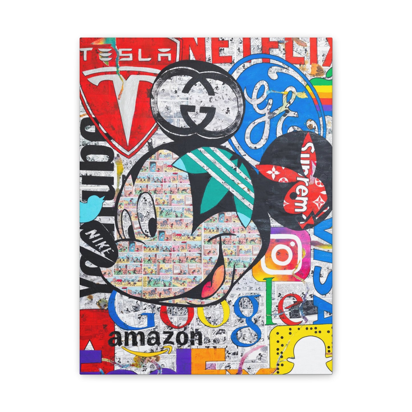 Mickey Mouse canvas gallery wrap featuring various brand logos.