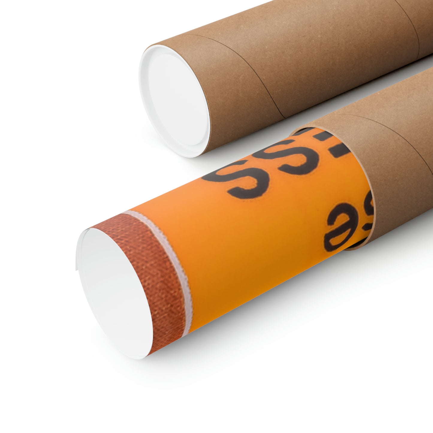 Two matte posters, one partially rolled, with an orange design and black text.