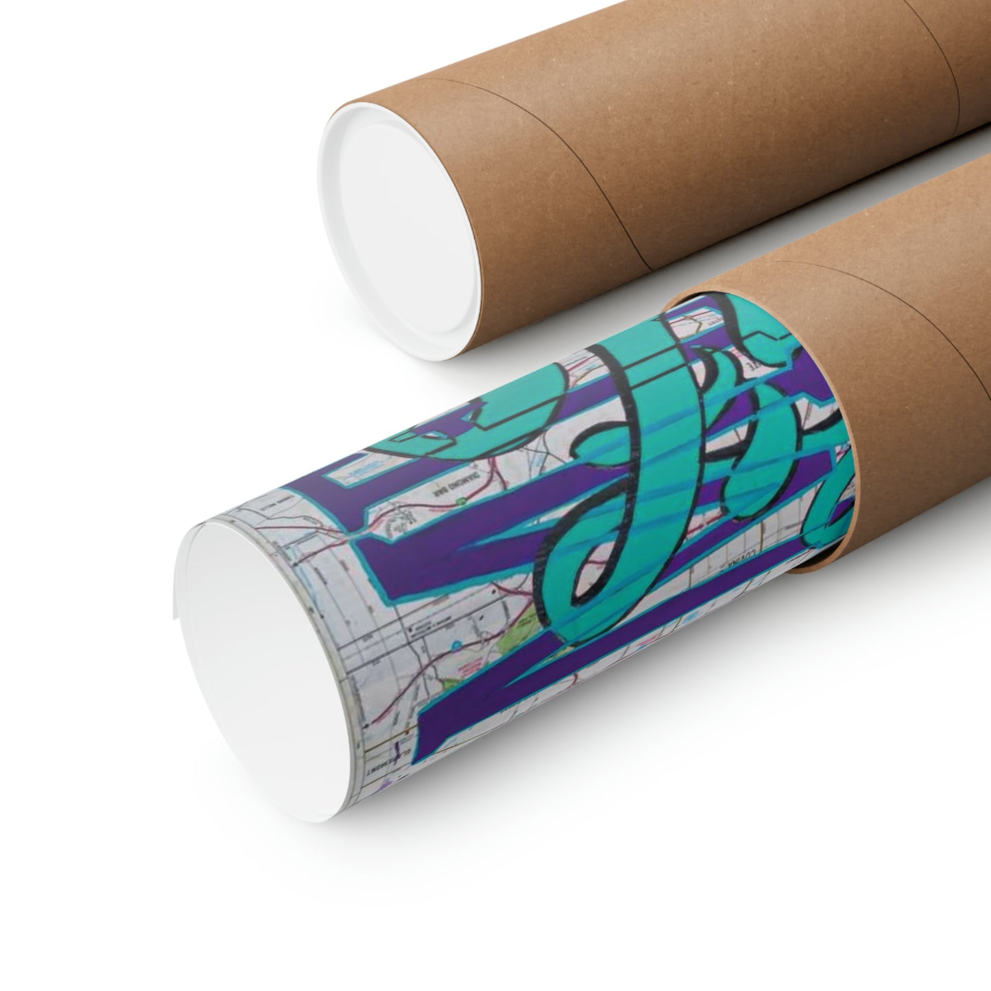 Two rolled matte posters, one partially unrolled revealing a teal and purple design over a map.