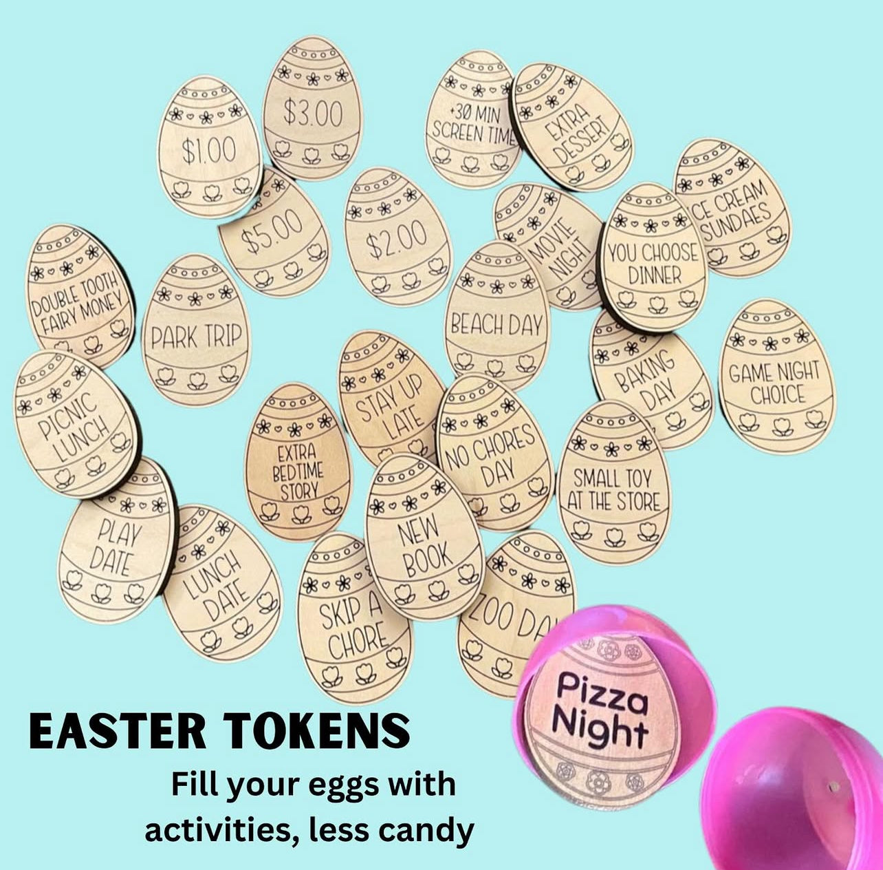 Twenty-four wooden Easter egg tokens with various activities and money amounts are scattered.