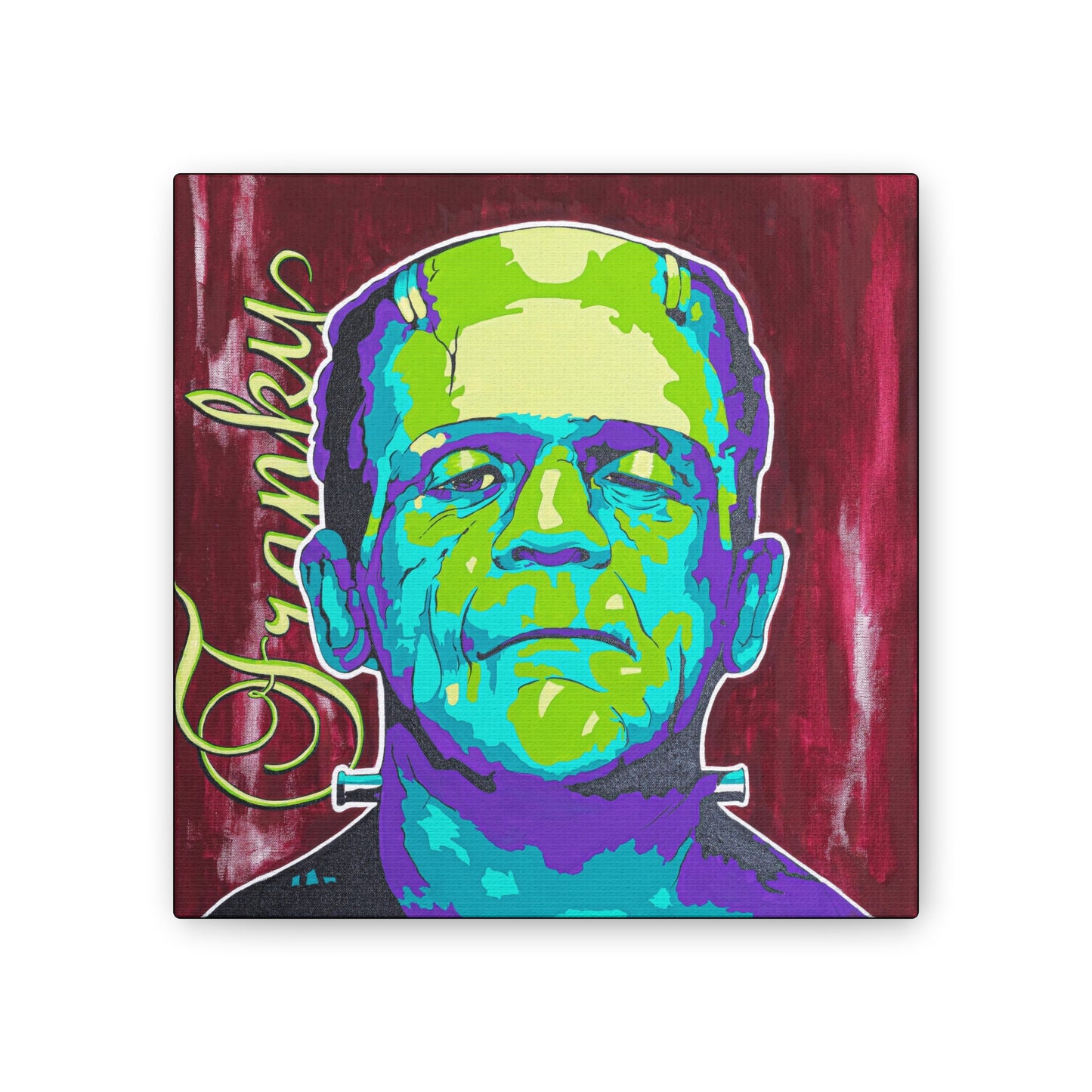 A vibrant pop art style canvas print of Frankenstein's monster with "Franky" written on the left.