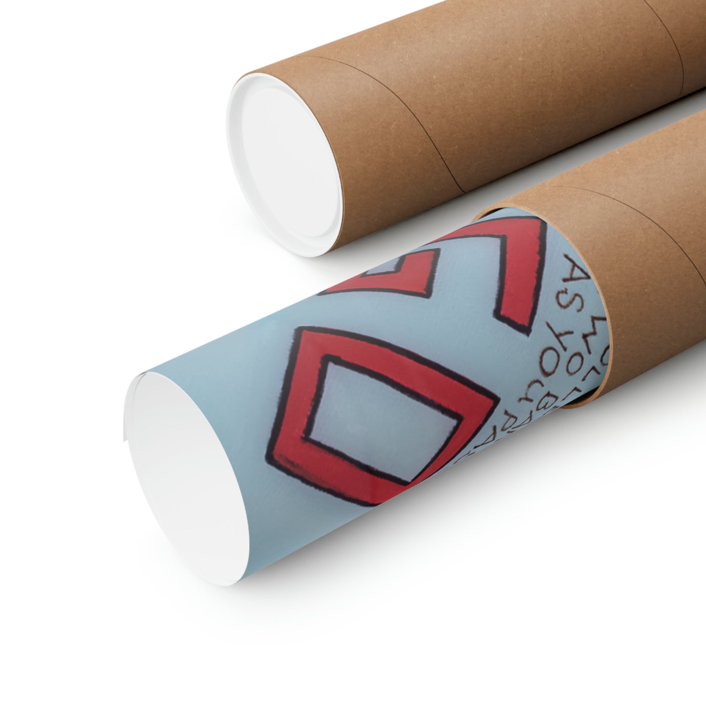Two rolled matte posters, one with a red and blue design, on a white background.