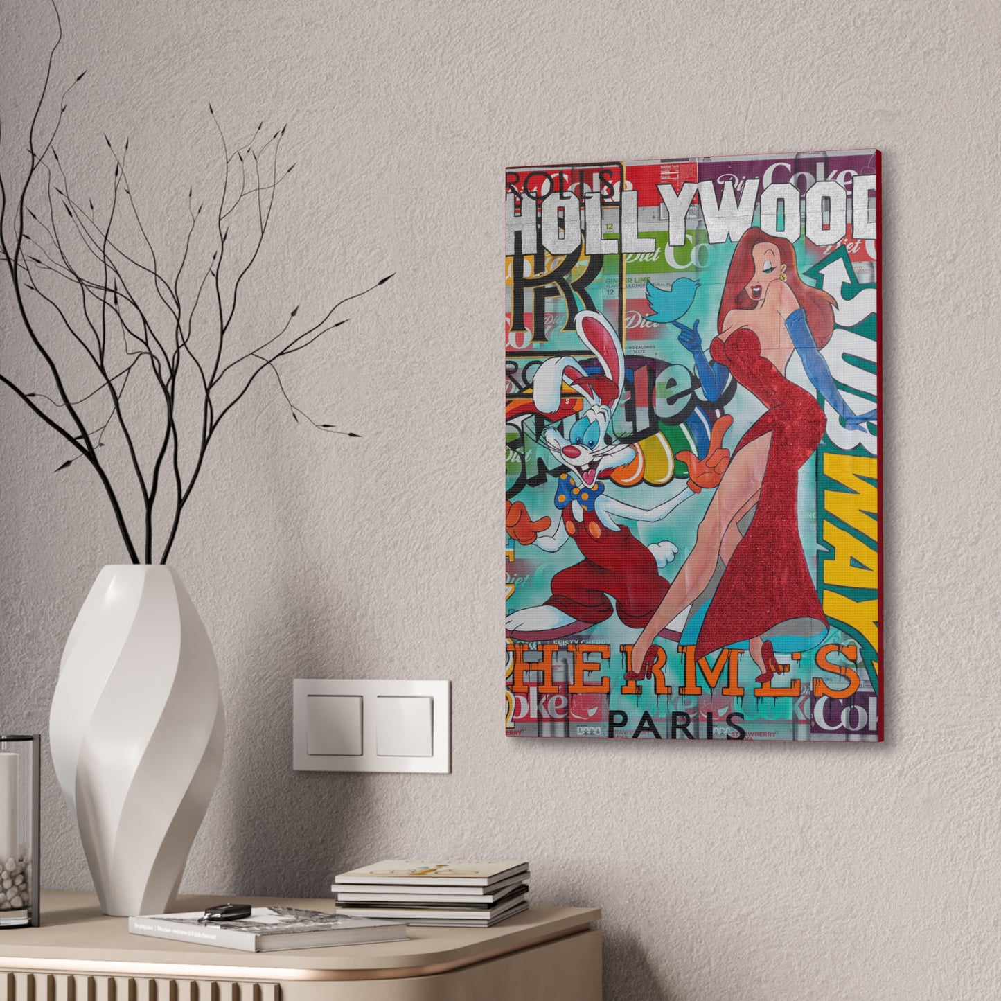 A canvas print featuring Roger and Jessica Rabbit with "Hollywood" and "Hermes Paris" text.