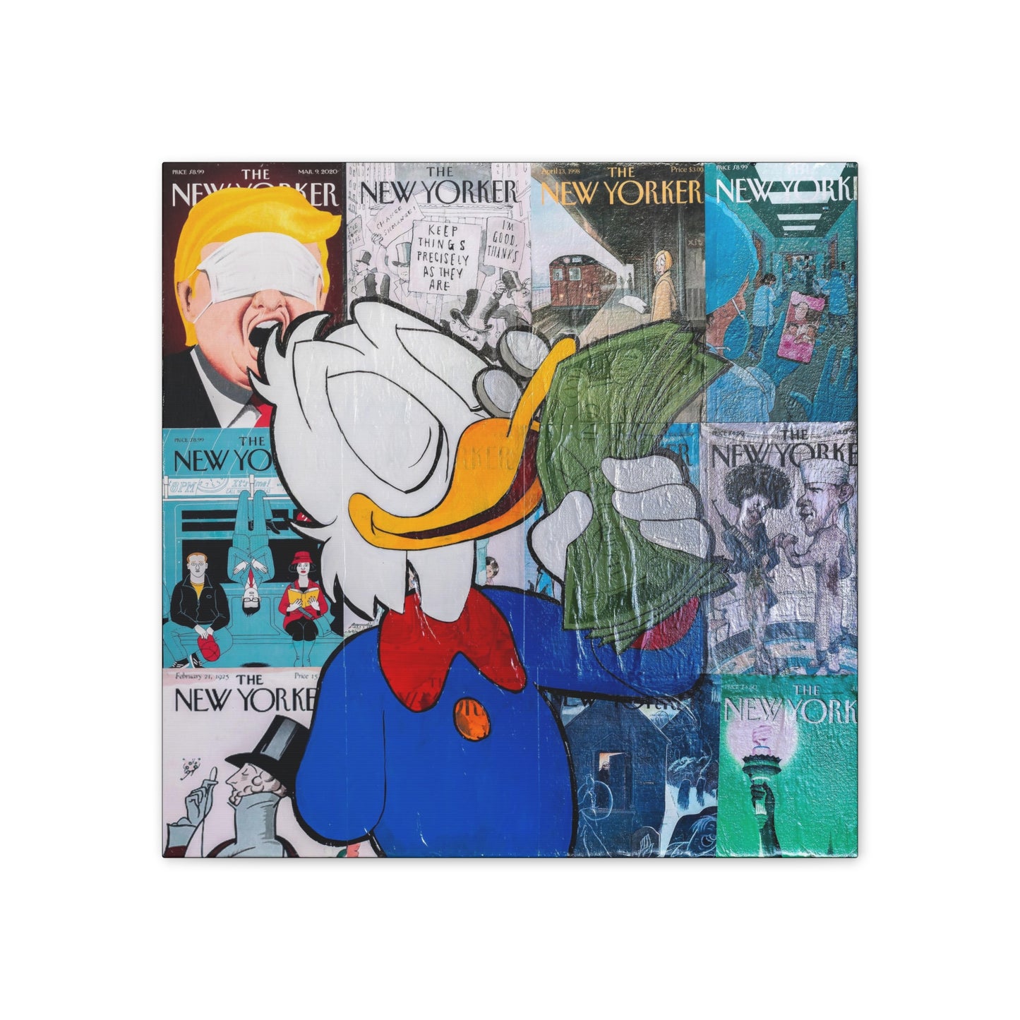 A canvas gallery wrap features a collage of New Yorker magazine covers with a large Donald Duck holding money.