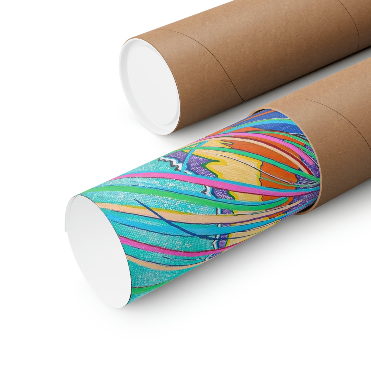 Two brown cardboard poster tubes, one partially revealing a colorful abstract poster.