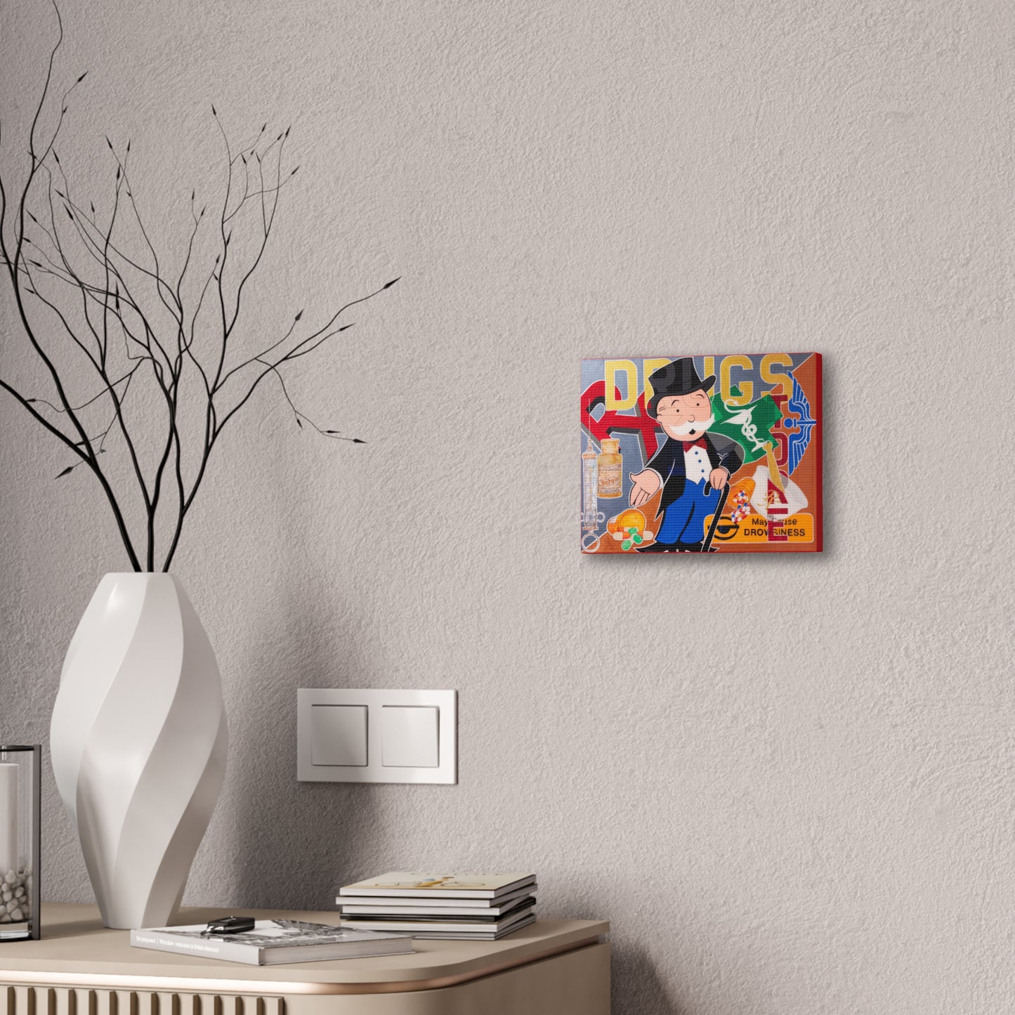 A canvas gallery wrap featuring a Monopoly man surrounded by various drugs.