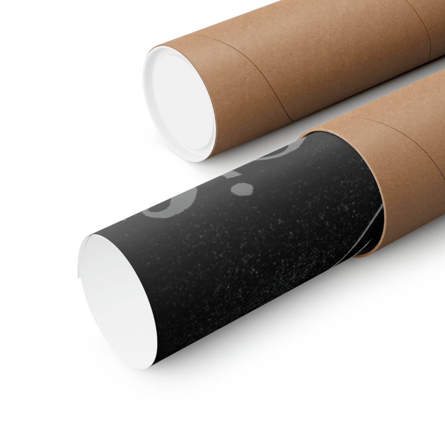 Two brown cardboard poster tubes, one open revealing a black poster with white text.