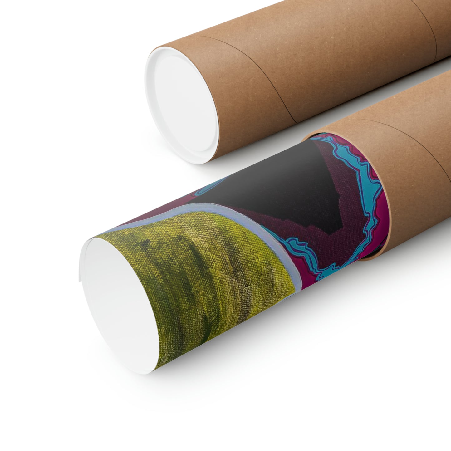 Two rolled matte posters, one partially visible, are shown in brown cardboard tubes.