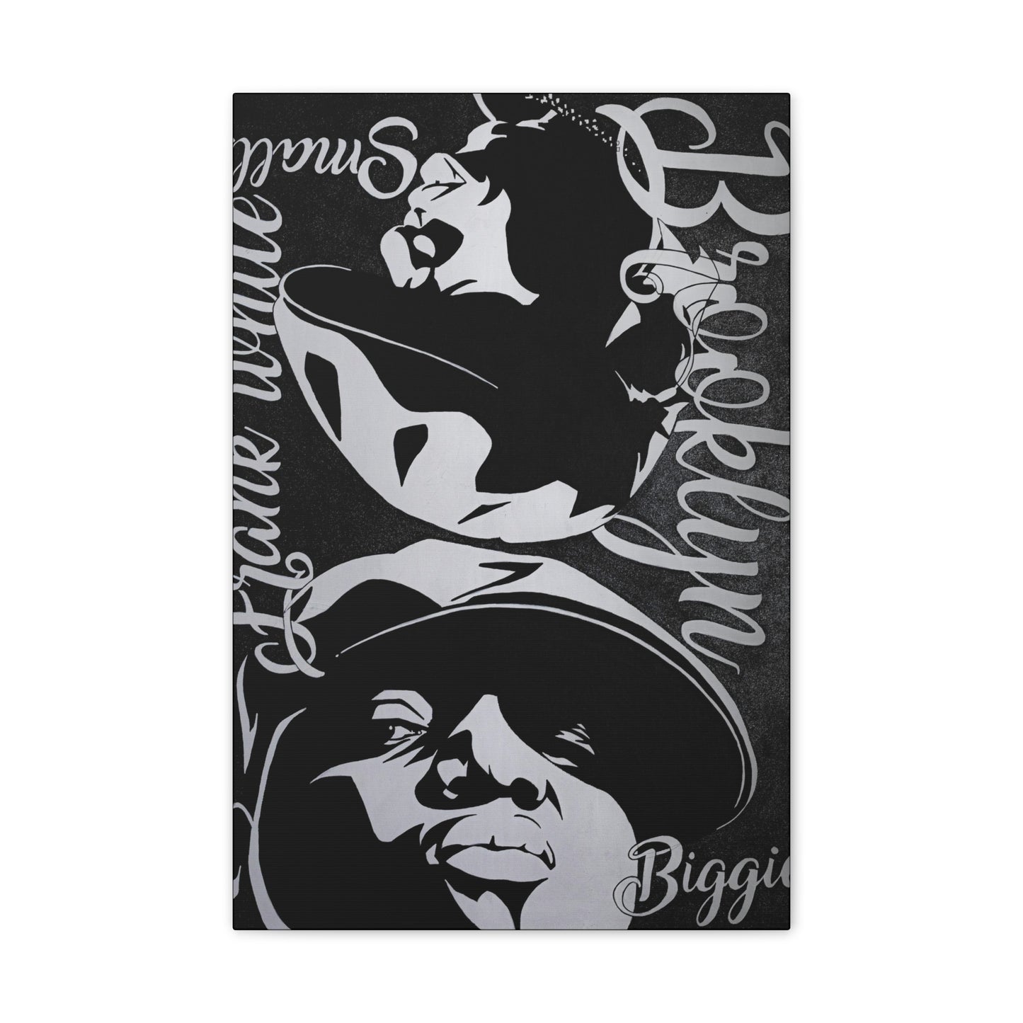 Black and white canvas art featuring two faces and the words "Brooklyn" and "Biggie."