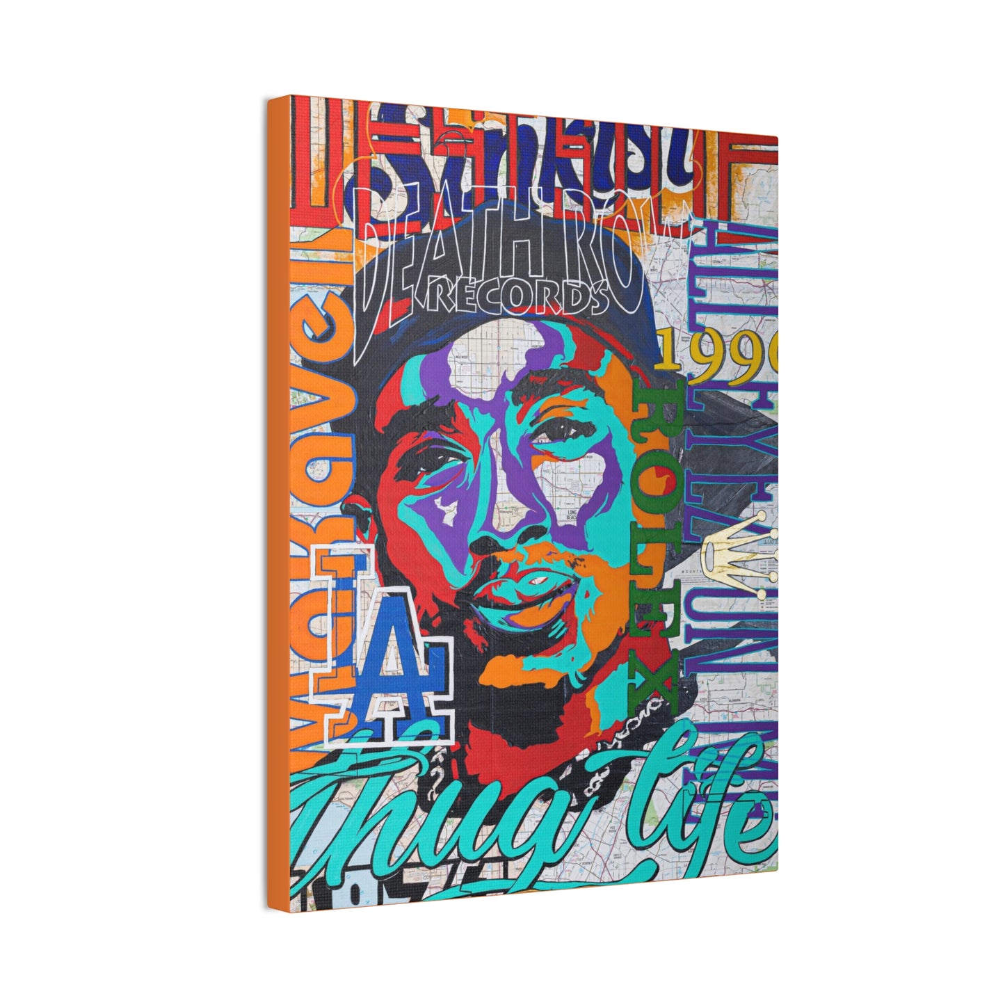 A colorful canvas gallery wrap features a pop art style portrait of Tupac Shakur.