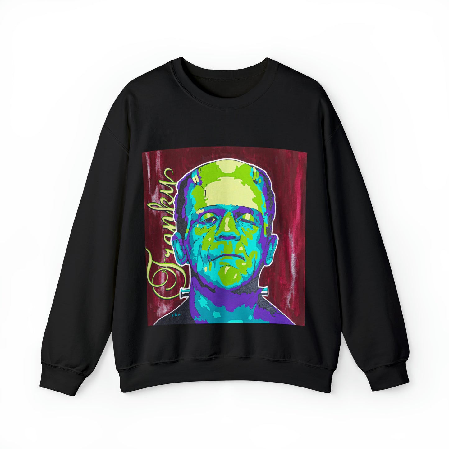 Black crew neck sweatshirt with a colorful graphic of Frankenstein's monster and "Franky."