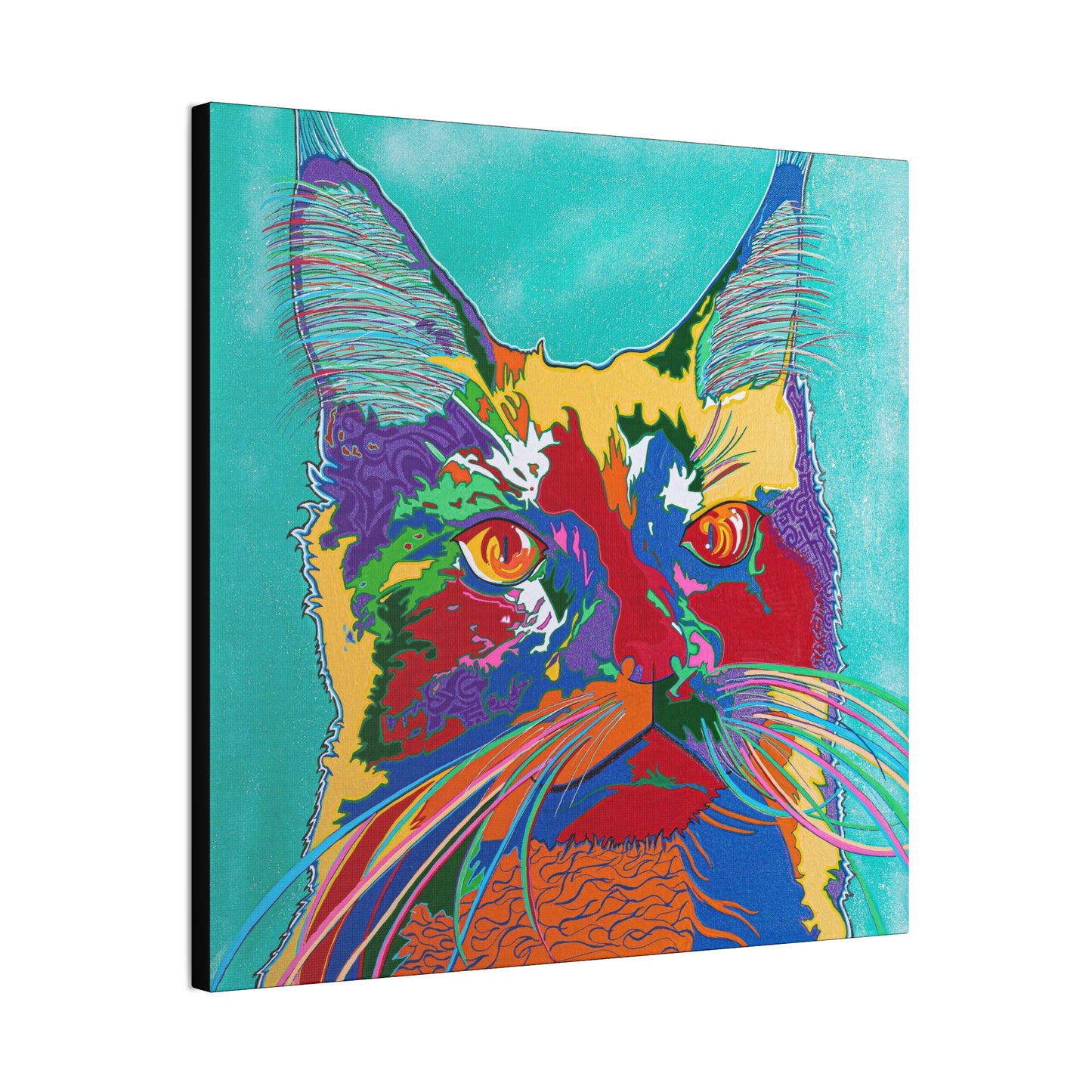 A vibrant, colorful pop art style painting of a cat's face on a canvas wrap.