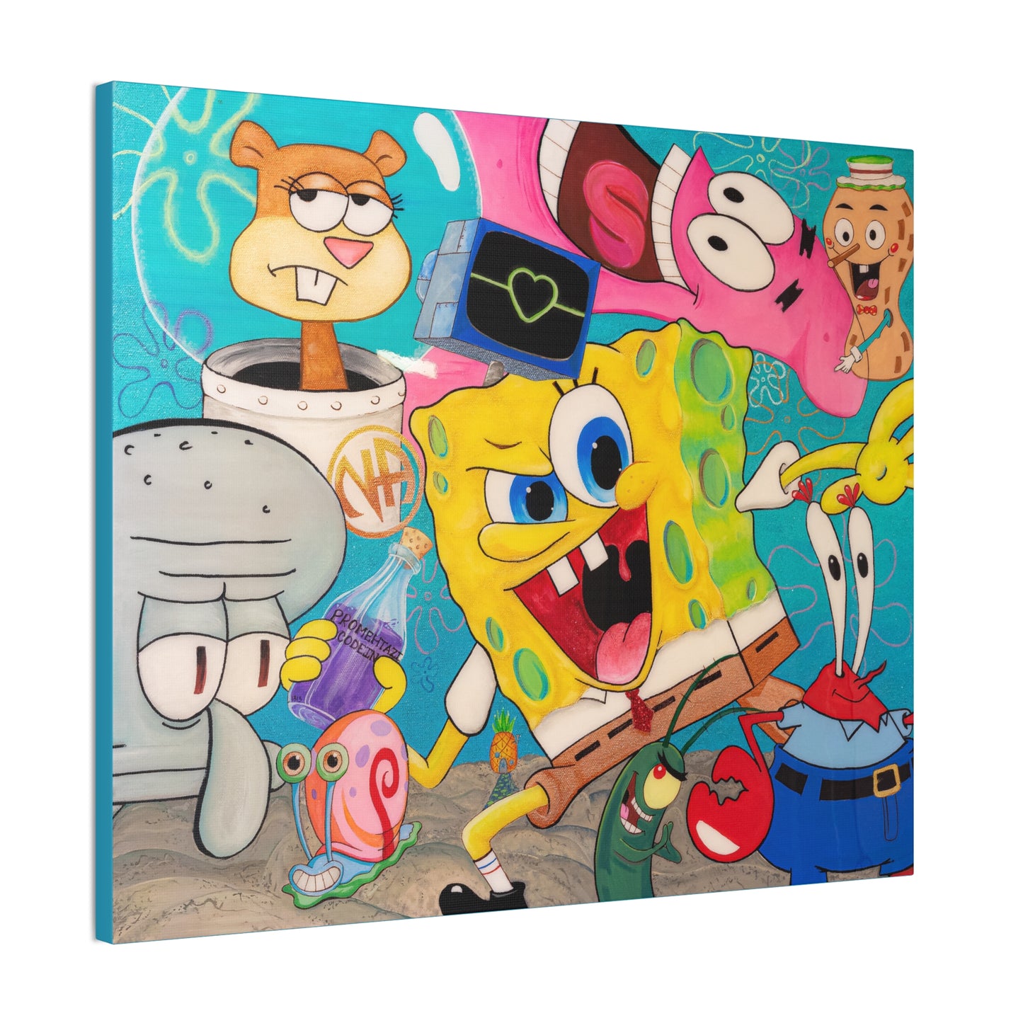 A canvas print features Spongebob characters in a vibrant, cartoon style.