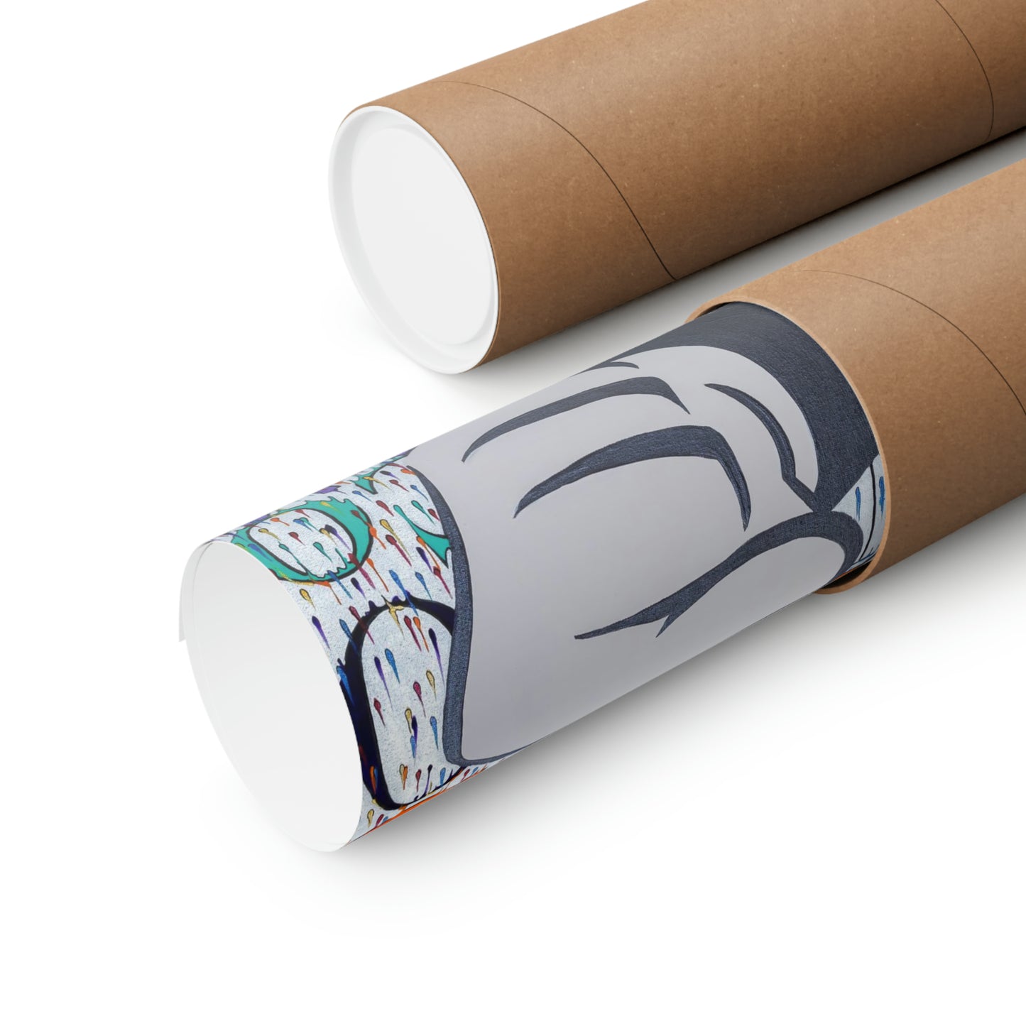 Two rolled matte posters, one partially unrolled revealing a colorful abstract design.