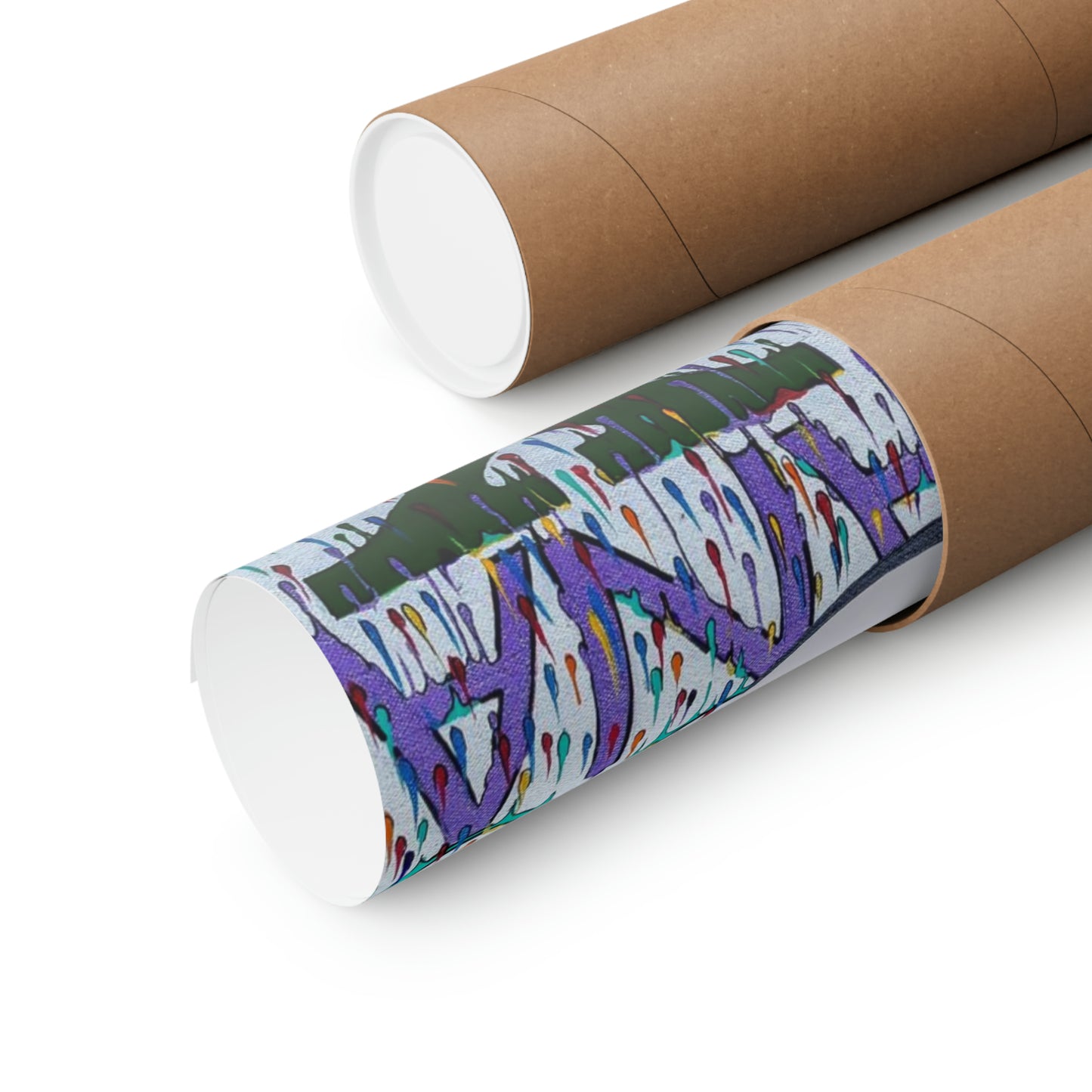 Two brown cardboard poster tubes, one open to reveal a colorful, abstract matte poster.