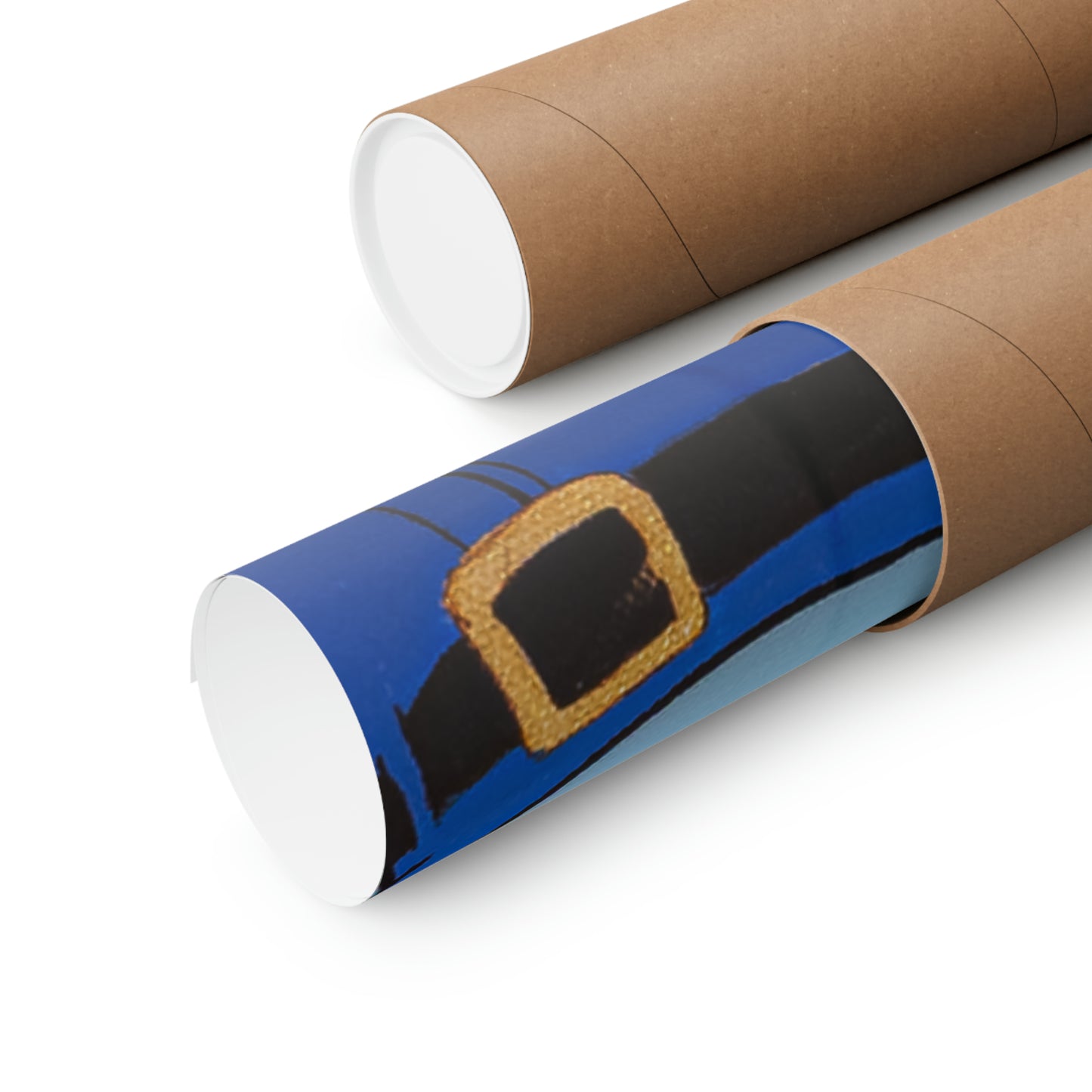 Two rolled matte posters, one partially unrolled showing a blue and black design with a gold buckle.