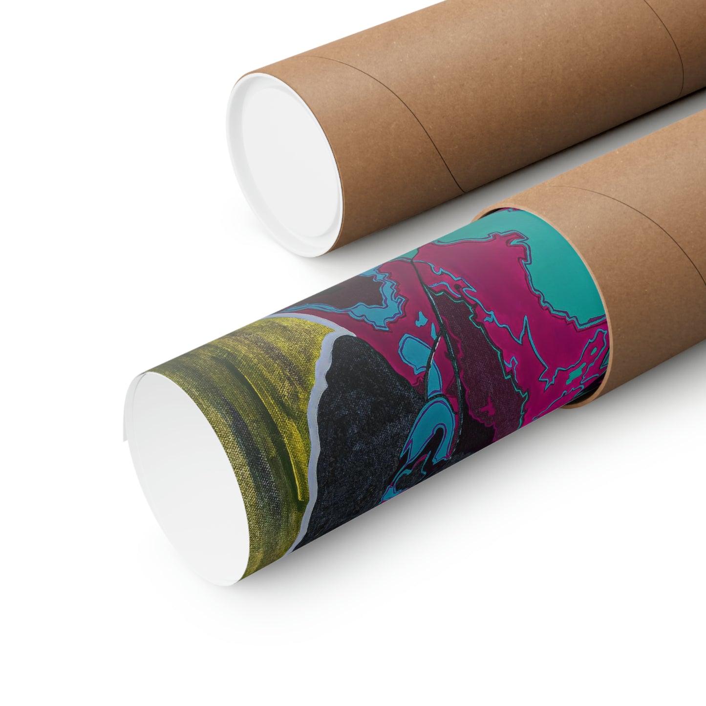Two matte posters, one partially unrolled to reveal an abstract design, are shown in their cardboard tubes.