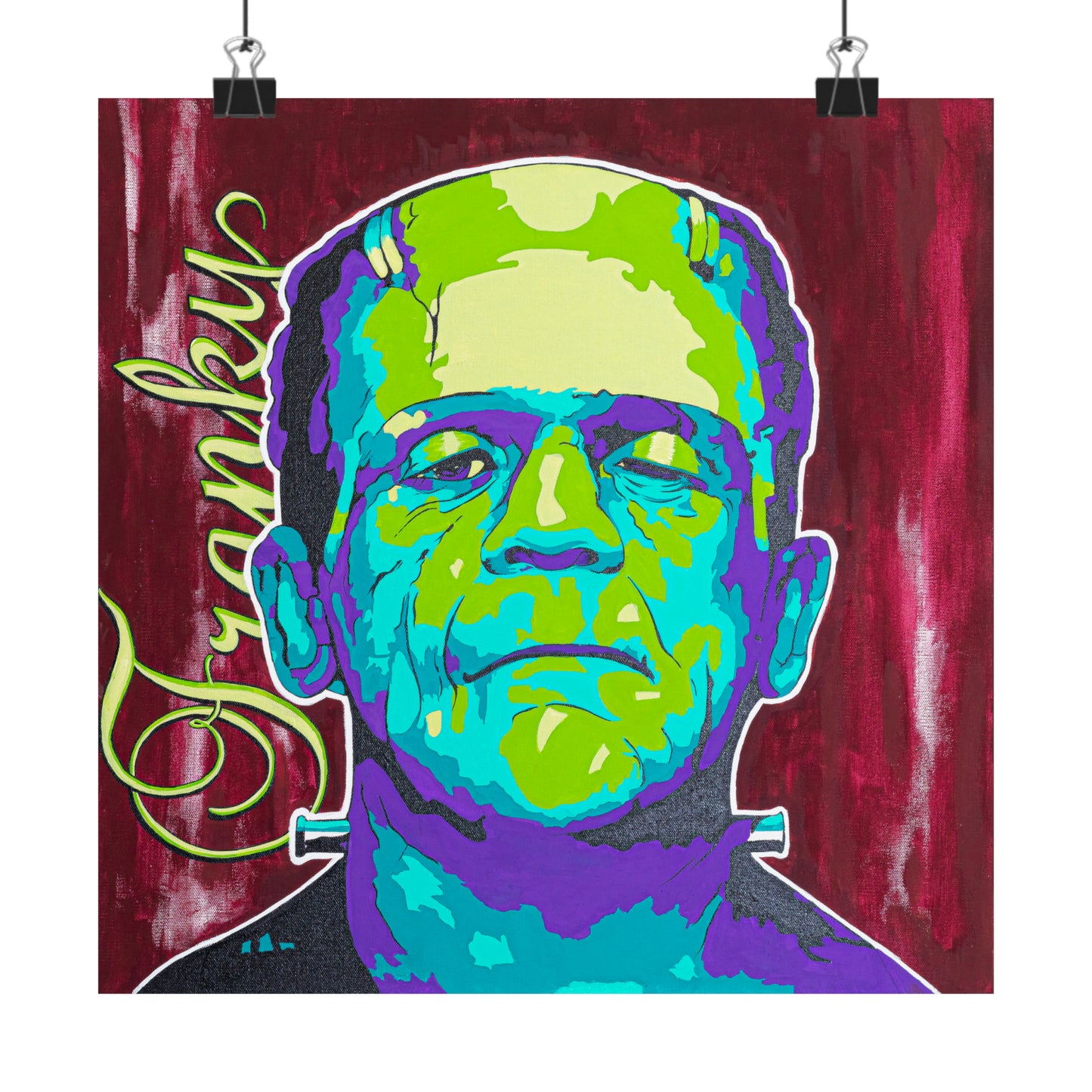 A vibrant, pop art style poster of Frankenstein's monster with "Franky" written vertically.