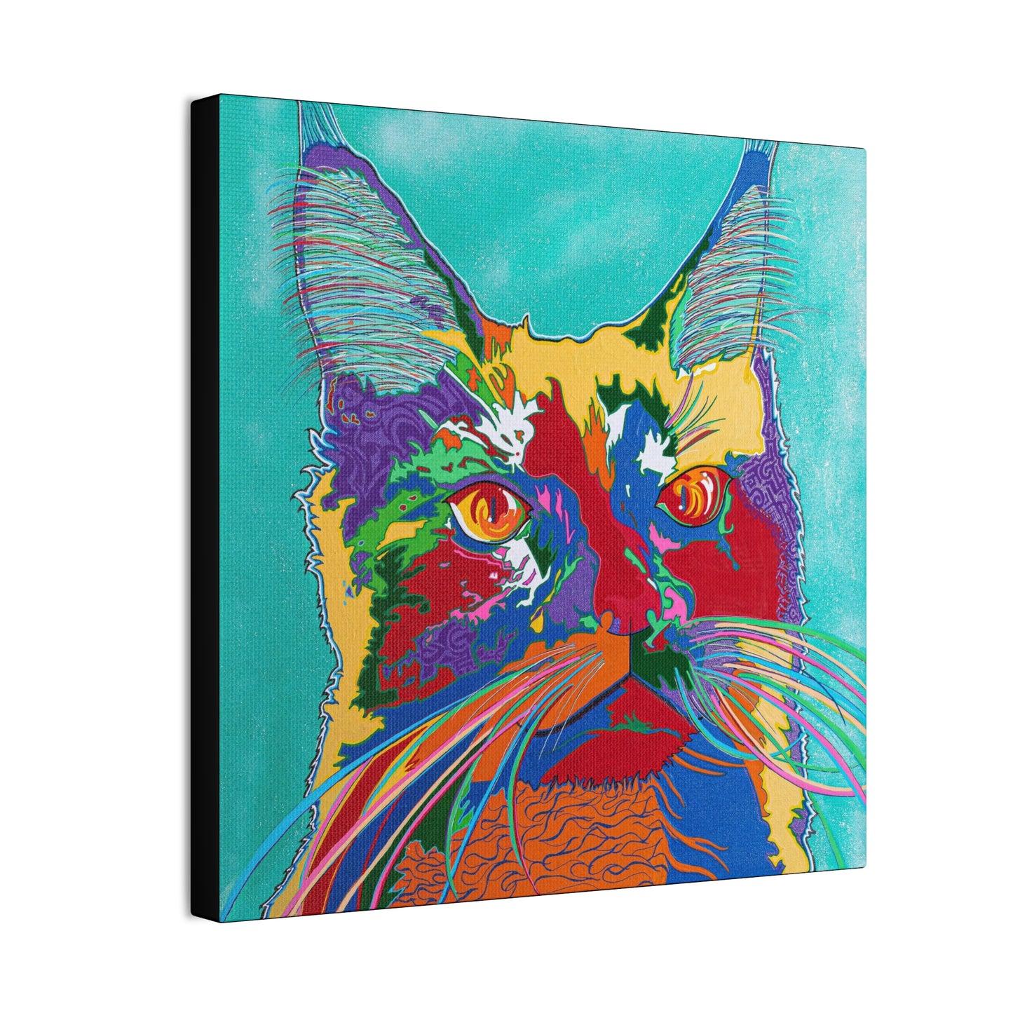 A vibrant, colorful pop art style painting of a cat's face on a canvas.