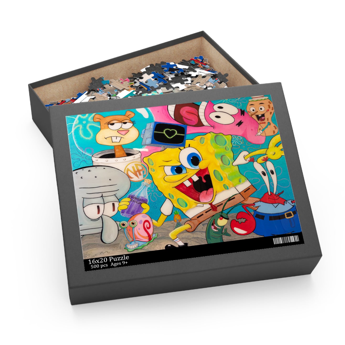 A black puzzle box with a colorful Spongebob Squarepants design on the lid.