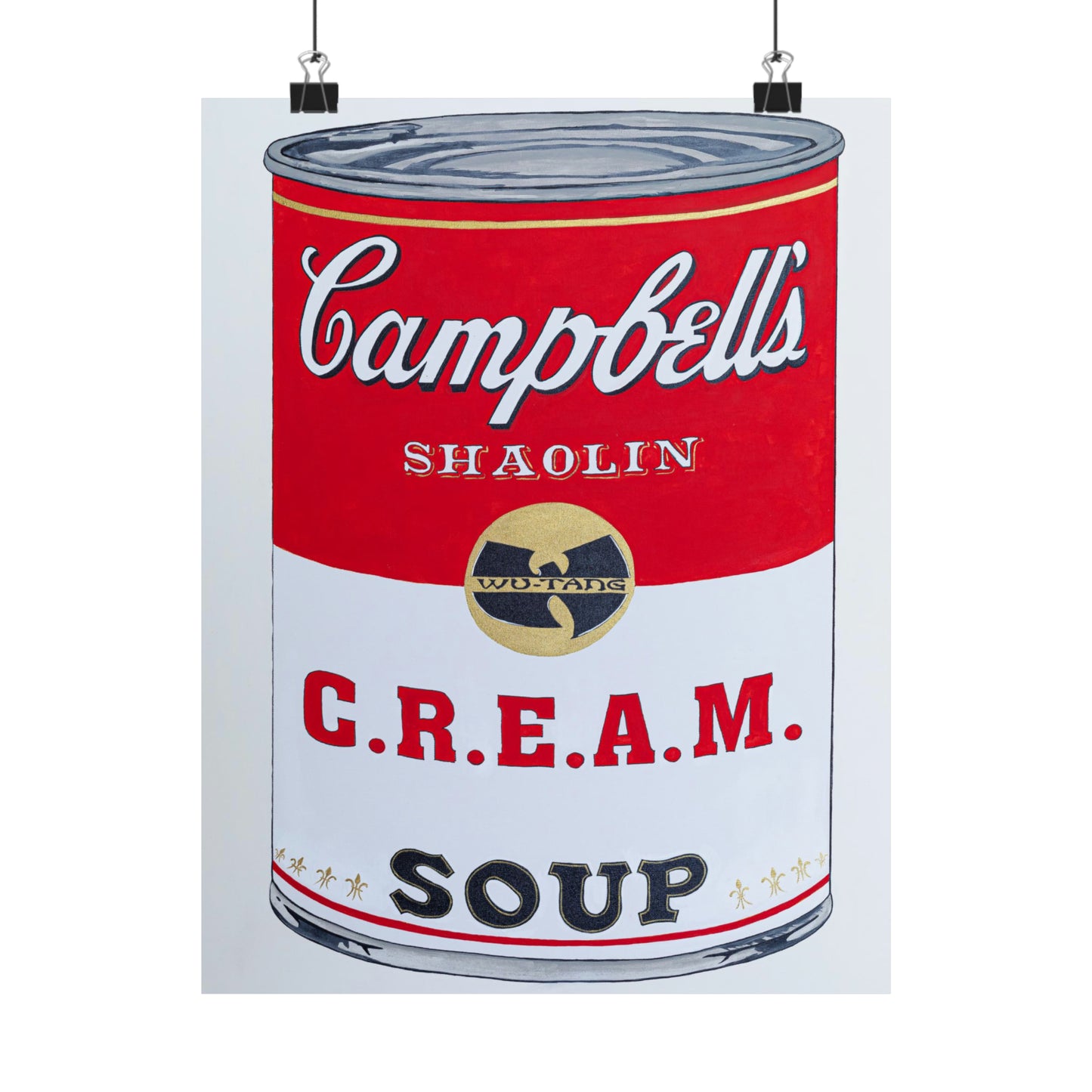 A poster depicts a Campbell's soup can with "SHAOLIN" and a Wu-Tang Clan logo.