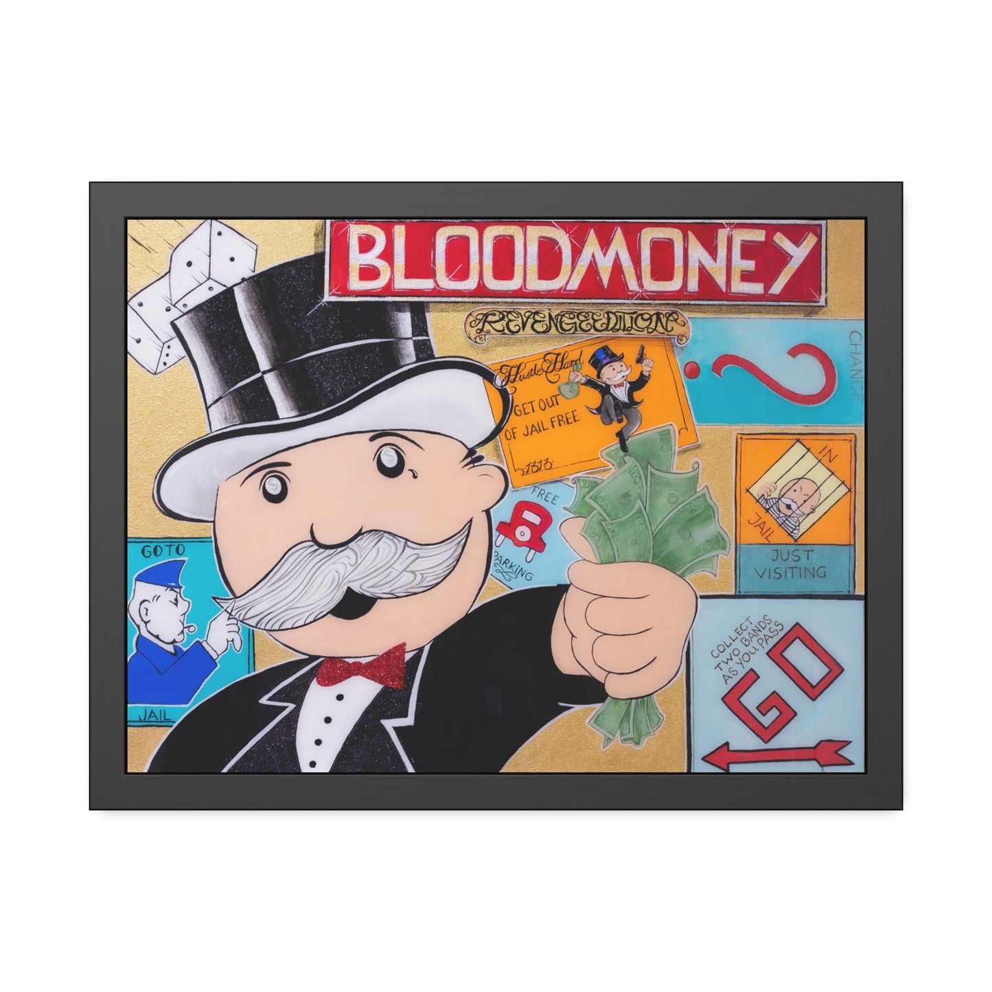 A framed poster depicts a Monopoly-inspired scene with a character holding money.