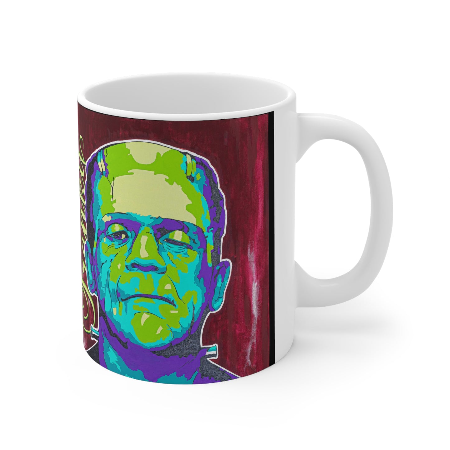 White ceramic mug featuring a colorful pop art illustration of Frankenstein's monster.
