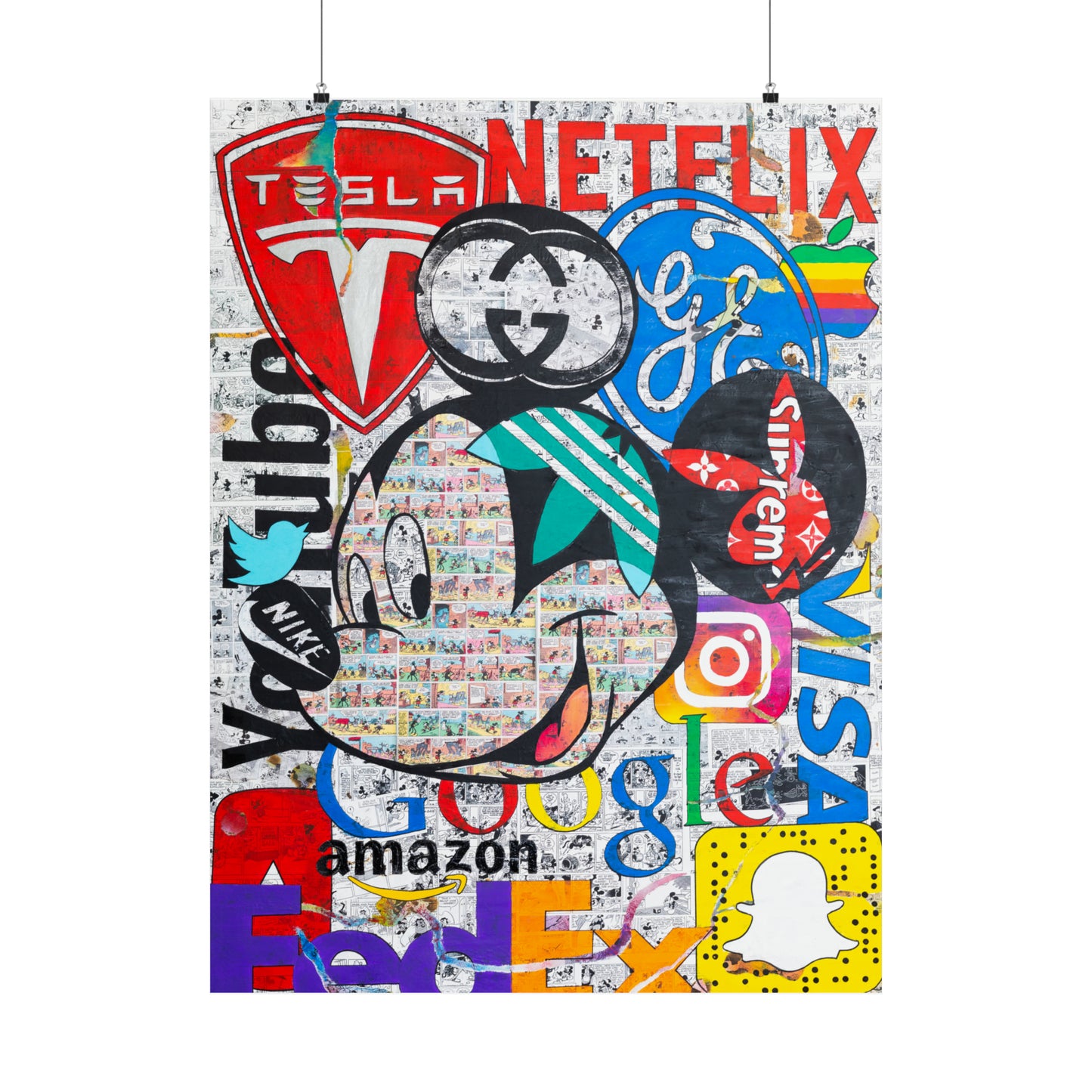A poster features a collage of brand logos forming Mickey Mouse's face.